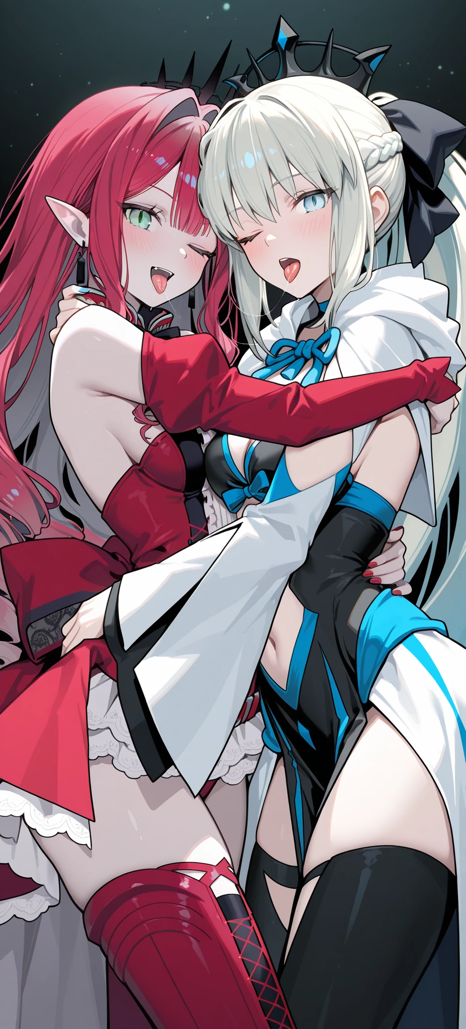 masterpiece, ultra high quality CG, best quality, perfect picture, 2girls, Eleanor Hume (short twintails hair, BLUE eyes), sexy lingerie kissing Velvet Crowe (long black hair)