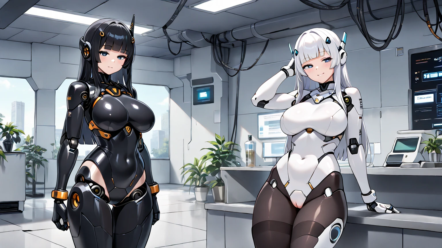 (masterpiece) (high Res), (robot), (Perfect face), (perfect anatomy) woman in super tight clothes, (office suit), (mini skirt), shirt, tie, blue glowing eyes, huge breast, narrow waist, wide hips, thick thighs, metal body, silver skin, silver hair, red lipstick, black high heels