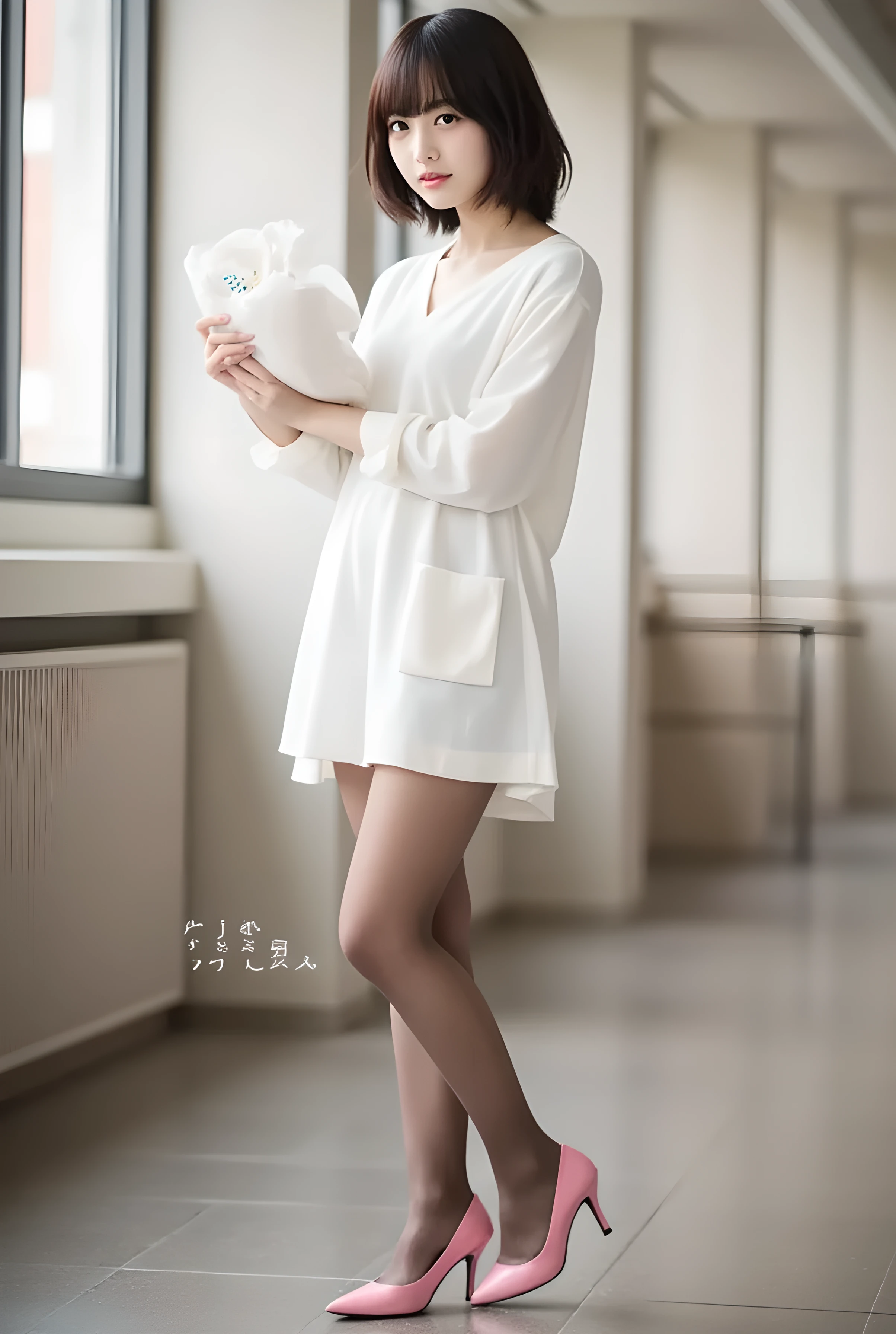 super realistic , photorealistic , (Full body image:1.5), she looks so happy , shadow, global illumination , Alone, (japanese women in their 20s :1.5), VERY BEAUTIFUL、 Cute Smiles , Slim, brown hair , beautiful legs , Long, slender legs , Surimi West , She's wearing a receptionist ,wearing a bus guide , turn your body forward、 white hair,full body photo ,Please take a picture up to the tip of your foot ,wear brown pantyhose on her legs ,When the light hits stockings, they reflects beautifully., wearing pink high heels ,