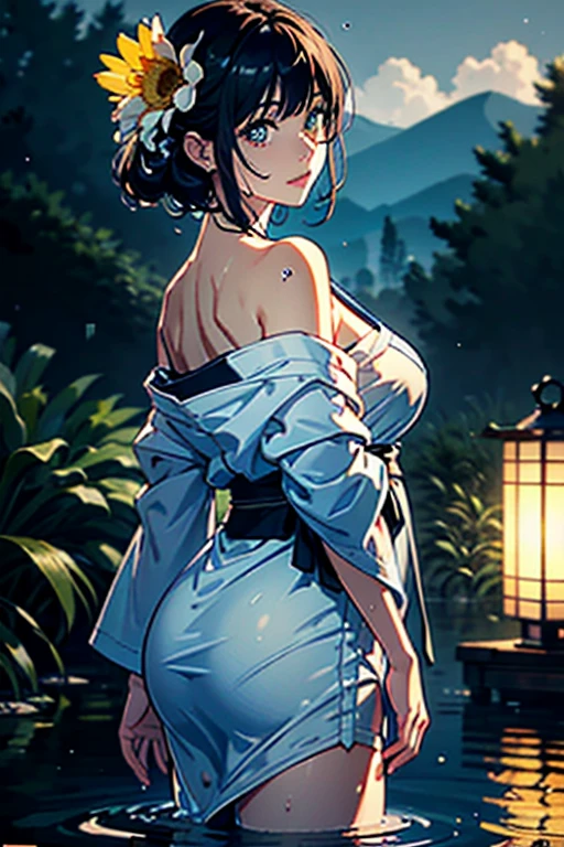 Ultra-realistic 8K CG,Masterpiece,((ultra-detailed background,delicate pattern,intricated details)),Best quality at best,Very, very, very detailed face,Very detailed eyes and faces,Very detailed eyes,Shinobu Kocho,multicoloured hair,No bangs,hair intakes,Purple Eye,brow, butterflies ,Solo,(onsen:1.5),(plein air),(natta:1.2) ,Chibi,Tyndall Effect , (Shameful_face),(Bathrobe:1.6),(from back:1.3), No nudity,(Baekbook:1.4),Panty Line