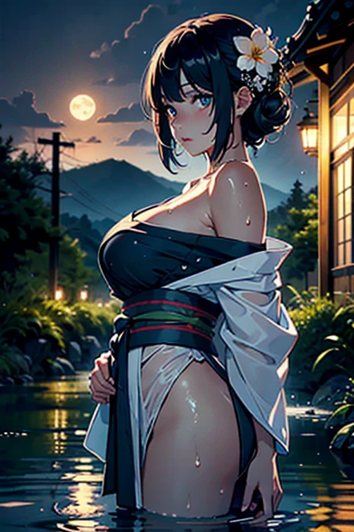there is woman that is in onsen,(((A MILF: 1.4))), (Curvy:1.35),(((Dark skin))),Curvy physique,, Thick body,((big nipple)),((Completely naked)), (((The breasts overflow from yukata))),((Transparent yukata)),(open legs),((pubic hair)), high-end onsen, Onsen, sakimichan, model in Japan,((Sexual suggestiveness)),