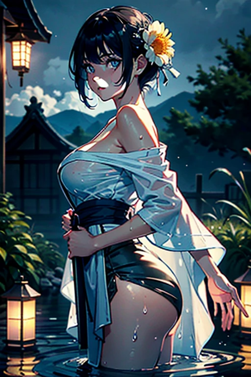 1girl, breasts, moon, lantern, night, solo, large breasts, hair ornament, wet, kimono, japanese clothes, wading, water, hair flower, flower, outdoors, sky, full moon, rain, black hair, off shoulder, mountain, cloud, holding, sash, bare shoulders, paper lantern, standing, white kimono, night sky, sideboob, obi, wet clothes, bangs, tree, from side, reflection, short hair, cloudy sky, wet hair (((masterpiece),(extremely detailed CG unity 8k wallpaper),best quality,,solo,1girl,cinematic lighting,detailed background,beautiful detailed eyes,bright pupils, (an extremely delicate and beautiful),(Beautiful and detailed eye description), ultra-detailed,masterpiece,)),