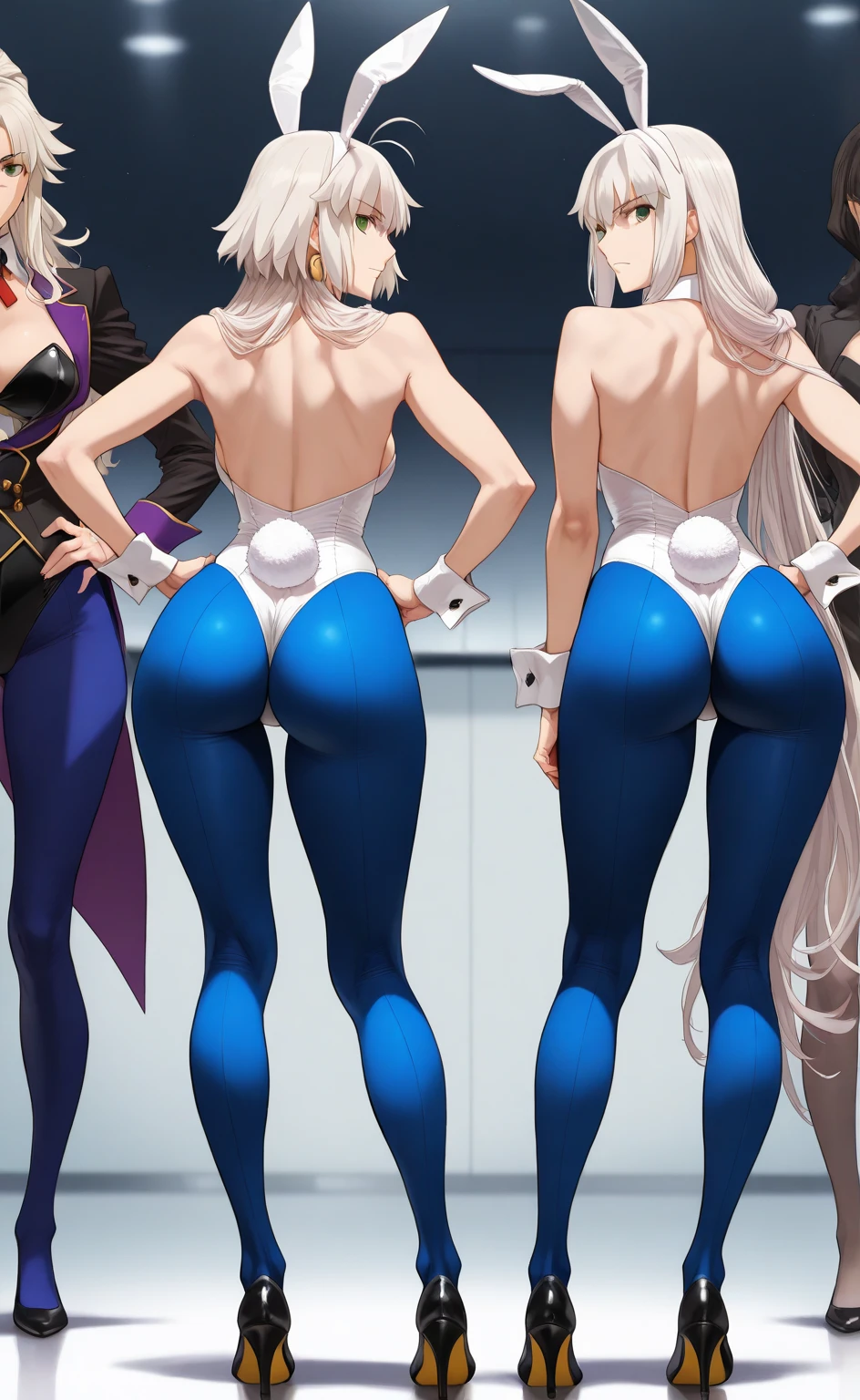 ((melhor qualidade)), ((obra de arte)), (detalhado), uma mulher adulta, olhando pro espectador, rosto perfeito, quadris largos e macios, focus on glutes, big, soft glutes, seios macios, seios lindos e marcados, back view, blusa banca, hidden hands, magra, shy, corada, em plano de fundo VAZIO, seios grandes, linda, duplo v, black pants, vergonha, perky glutes, cabelo curto, cabelo vermelho, olhar com vergonha, corada, sexy, sexy, garota de anime com bunda grande em shorts de couro preto e blusa preta, fofosexyrobutts, Oppai, curvando-se, Coxas grossas, Oppai, estilo de anime ecchi, detalhes finos. linha de frente das meninas, ecchi, Oppai proportions, (SFW)