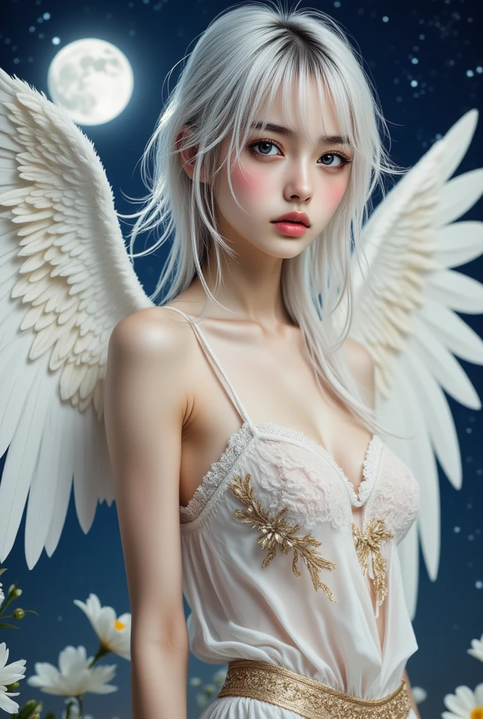 castle in the distance、face is in front、look at the camera、profile、8K、real photos、ultra high resolution, master parts, highest quality, ticker , cinematic images,nice girl、Ann、16 years old、Annグロサクソン、double eyelid、droopy eyes、very big eyes、eyes are purple、dark eye shadow、lips are very thin、The tip of the nose grows beautifully...、small nose,,,,, very detailed , silver hair、straight short hair、smile、 sweet expression 、)、very clear shadows , jewelry , fine eyes, extremely difficult, shiny skin , パーフェクトブリリAnnト, perfect sentence, dramatic shadow、white tiara on head、gold necklace around neck、White aristocratic dress with gold embroidery、glass high heels、White Wings of an Angel