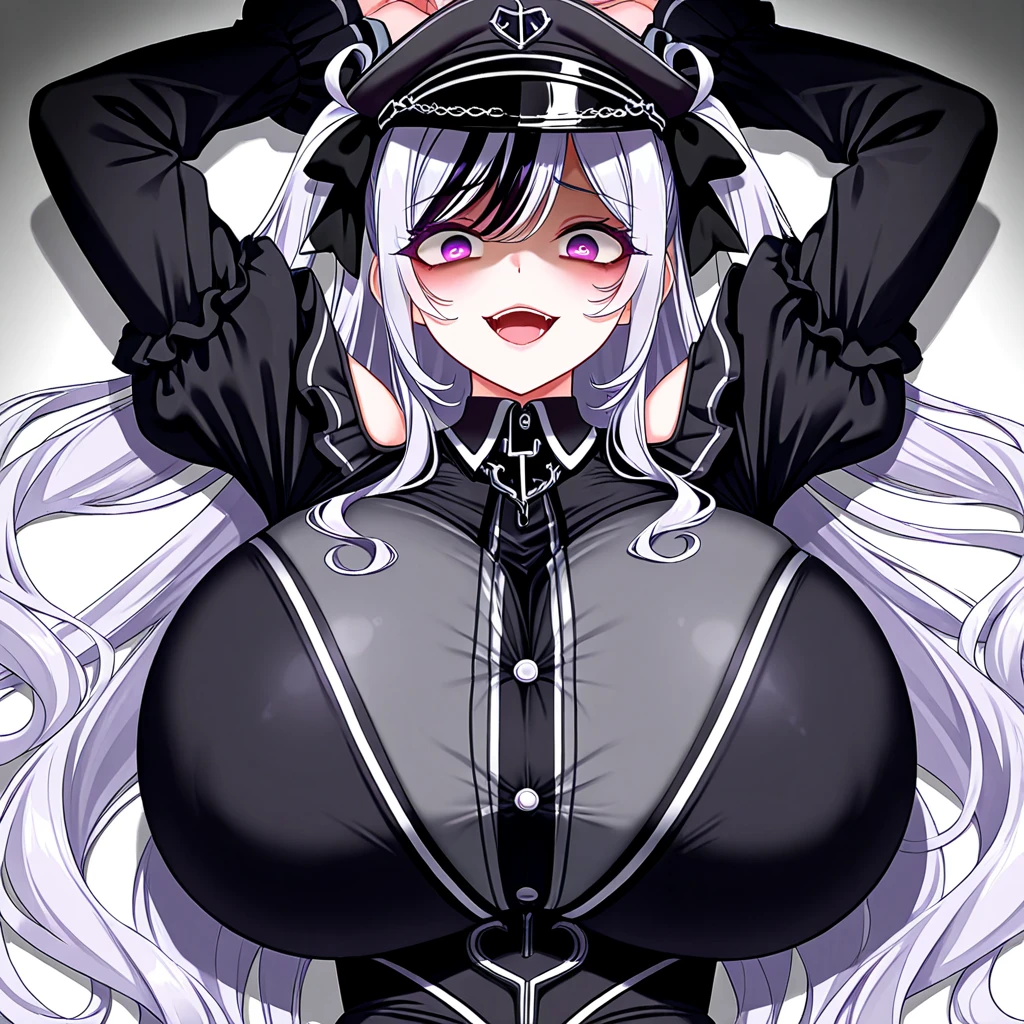 score_9, score_8_up, source_アニメ,アニメ style,Silver Hair,Yellow Eyes,blunt bangs,ponytail,tall,cool eye,very big breasts,((1girl)),shiny skin,Black latex,front open,Areola,Reverse Bunny Suit,corset,Pussy juice,Long Breasts,Bukkake,,Expressionless,tit job,Facial,Arms crossed,Used condom belt,Heavy breathing,Licking your tongue