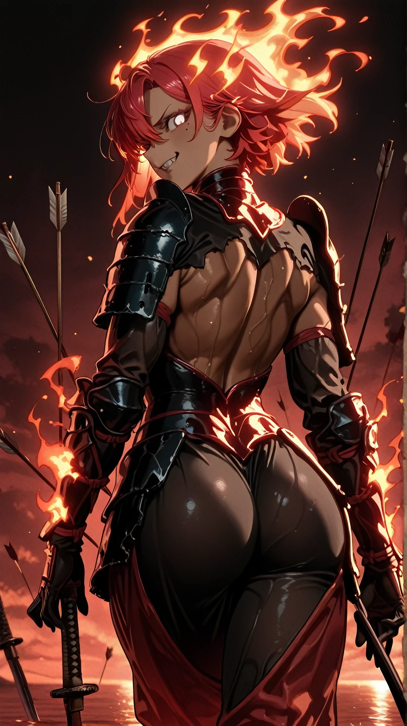 The Witcher, extremely detailed face, (shot from behind:1.4), huge breasts, make-up, Triss merigold, (standing naked within the fire in a dynamic pose:1.4), angry face, illumination effect, covered , freckles, (master piece), extremely detailed, gloves