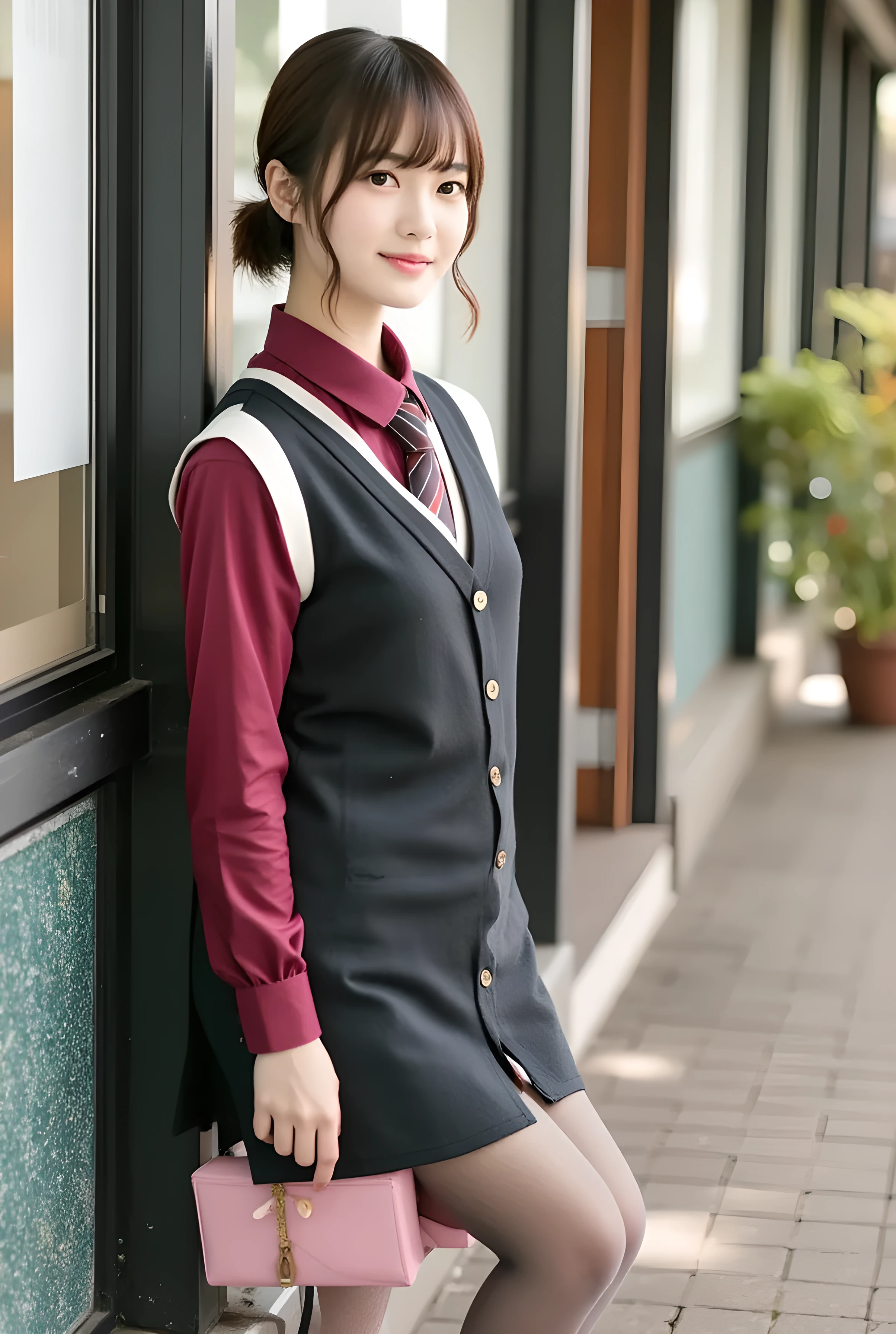 super realistic , photorealistic , (Full body image:1.5), she looks so happy , shadow, global illumination , Alone, (japanese women in their 20s :1.5), VERY BEAUTIFUL、 Cute Smiles , Slim, brown hair , beautiful legs , Long, slender legs , Surimi West , She's wearing a receptionist ,wearing a bus guide , turn your body forward、 white hair,full body photo ,Please take a picture up to the tip of your foot ,wear gray pantyhose on her legs ,When the light hits stockings, they reflects beautifully., wearing pink high heels ,