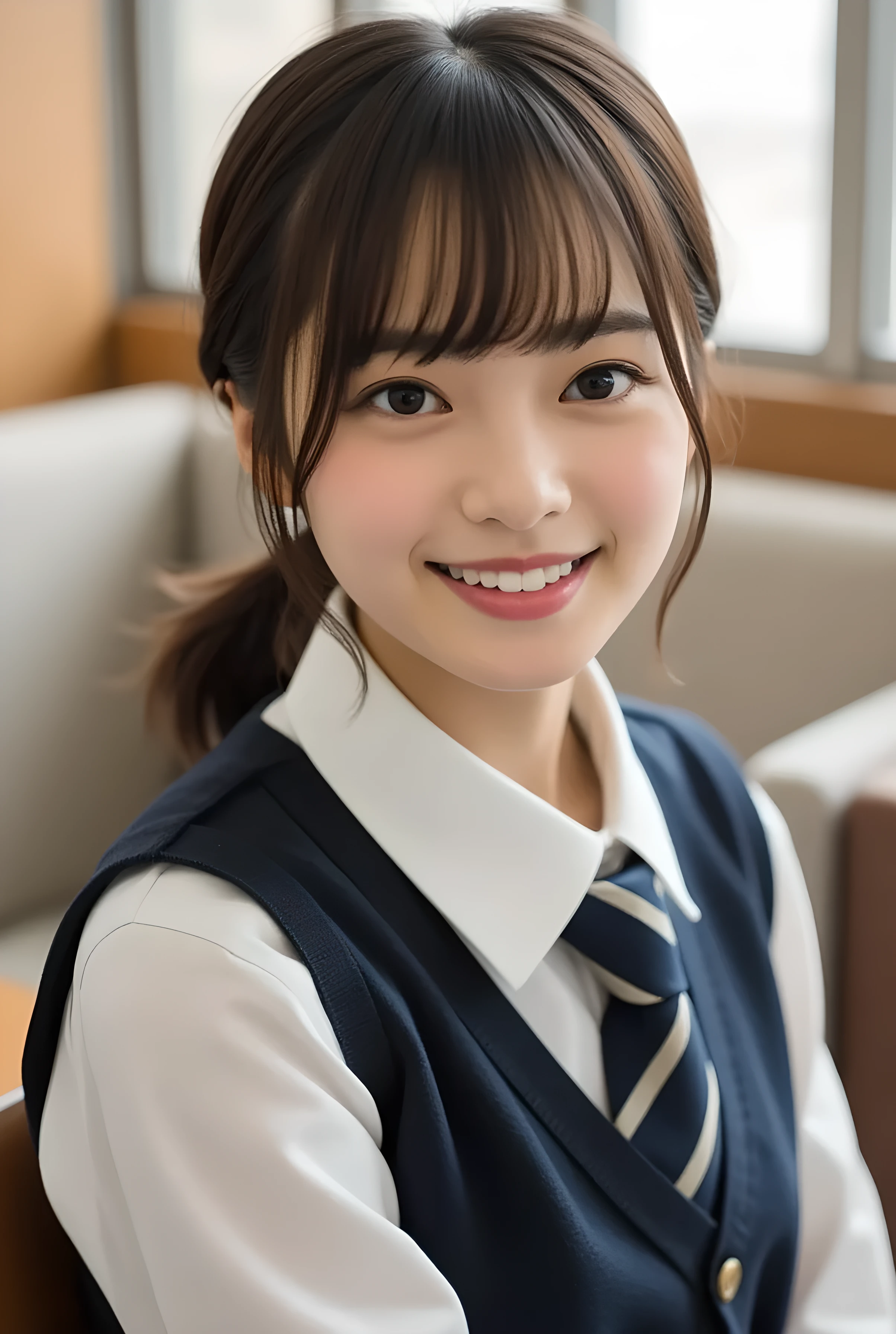 super realistic , photorealistic , (Full body image:1.5), she looks so happy , shadow, global illumination , Alone, (japanese women in their 20s :1.5), VERY BEAUTIFUL、 Cute Smiles , Slim, brown hair , beautiful legs , Long, slender legs , Surimi West , She's wearing a receptionist ,wearing a bus guide , turn your body forward、 white hair,full body photo ,Please take a picture up to the tip of your foot ,wear gray pantyhose on her legs ,When the light hits stockings, they reflects beautifully., wearing pink high heels ,