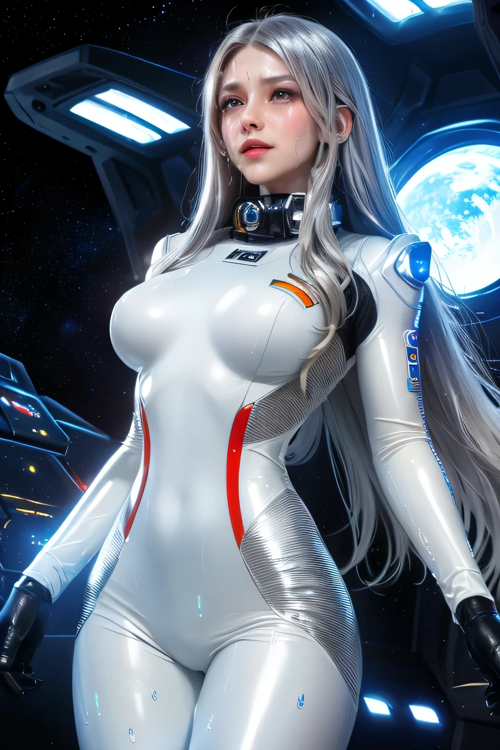 perfect anatomy　top quality,highest resolution,((( shiny white bodysuit　Space Suit　Shiny Silver Hair　long hair)))　unlimited routes　Space Opera　spaceship　cockpit　cool