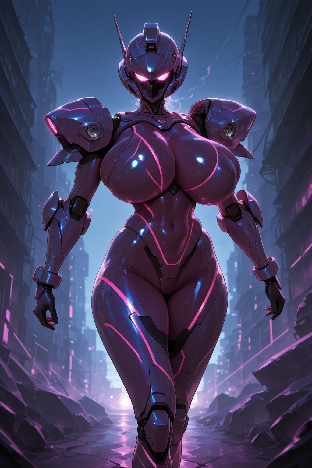 1girl, covered eyes, purple hair, very short hair, large breasts, hourglass figure, bodysuit, black bodysuit, neon, neon trim, machinery, tech, science-fiction, futuristic, standing, full body, ((full body)), pantyhose, head-mounted display, vr visors,, high heels,