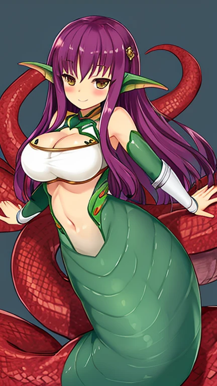 (mature female), (milf) , (lamia), (monster girl) , detailed snake skin, detailed scales skin), (Elongated snake tail:1.3), green tail, green scales, (blonde hair), side locks, blue eyes, puffy lips, thick lips, ((red lips)) , (huge natural breasts), cleavage, narrow waist, hourglass, nun cap, nun gown, cross earrings, cross necklace, soft makeup, smile, parted lips, sexy pose, posing, full body, church, stained glass windows, cathedral