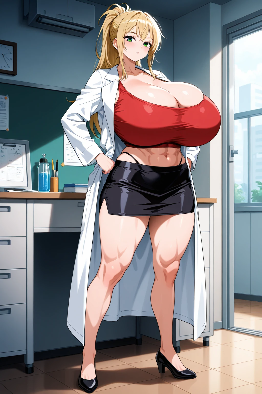 Prompt
detailed illustration, (front view), (side view),dynamic angle, ultra-detailed, illustration, clean line art, shading, anime, detailed eyes, detailed face, beautiful face, dramatic lighting, detailed illustration, dynamic angle, ultra-detailed, illustration, single woman
Fit, toned abs, muscular abs, detailed abs, big round ass, big tits, creamy white skin, pale skin tone, wide hips, thunder thighs, blonde hair, strong biceps, naked under a open lab coat, glasses, bulky frame, milf, mature, older woman, tall, broad shoulders, very muscular, huge, bulky body, brawny, masculine woman