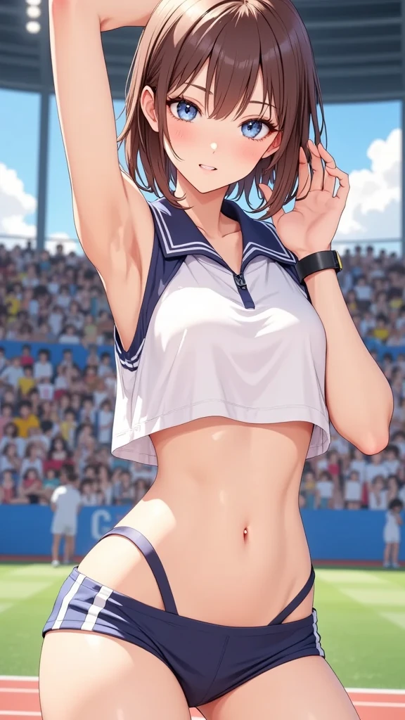 (masterpiece, computer, mejor quality, Clear focus, shadow, anime-style, ultra high resolution, 8K, perfect anatomy, perfect face, (detailed face), ( Detailed eye ), score_9, score_8_above, score_7_above, score_6_above, score_5_above, score_4_above, source _animated, Label 1, Label2, quality_masterpiece, Anatomically Correct, beautiful face, perfect face, Beautiful and highly detailed face and eyes, Attractive face, detailed face, Delicate facial features, detailed skin, huge breasts, breast size cup D or DD, wide hips, gigantic butt, muslos gruesos. looking at the spectator. Anime-style illustration of a beautiful woman with an elegant and sensual look. An attractive and voluptuous young anime woman with brown hair and bright blue eyes, posing on an athletic track inside a stadium. She wears a very tight and revealing sports outfit in blue and white, with moist details that reflect sweat on her skin, suggesting that she has just exercised. Her expression is confident and slightly flirty. The background shows stands full of people and a blue sky with some clouds. The style of the image is very detailed, with bright lighting and realistic shading like modern anime.