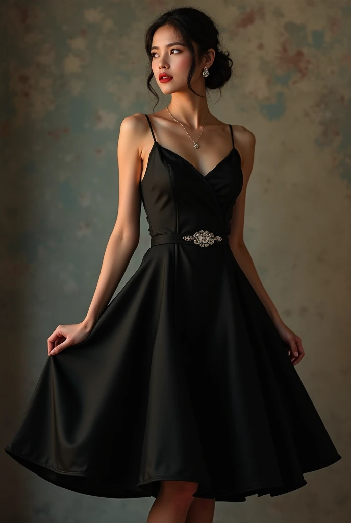 Girl in a black princess-neckline dress, knee length, skirt, black closed-toe heels with cherry-colored ankle socks 