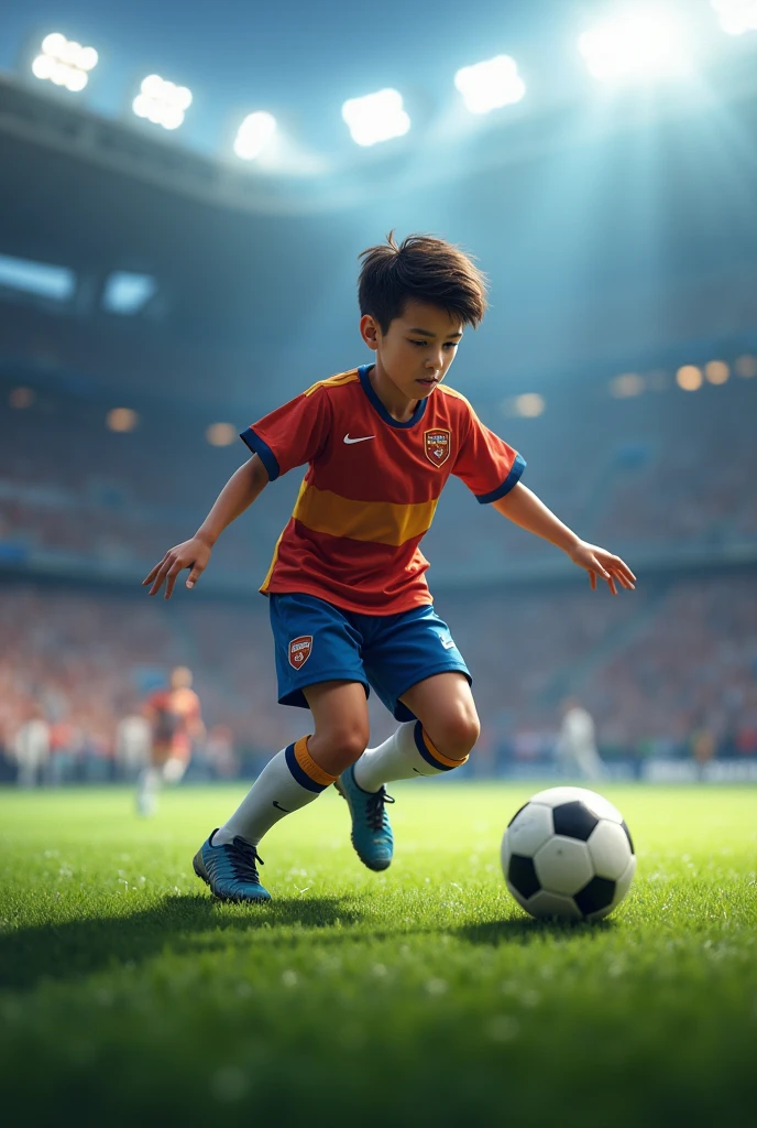 A child playing soccer in a stadium wearing a very blue Nike team jersey