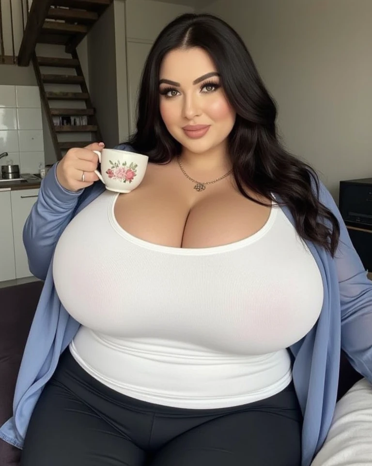 photograph of a dark-haired woman with windblown curls, her hair is intertwined, like a flame against the twilight sky., radiating unbridled beauty, Big breasts, visiting her grandma for some tea at los angeles california in a house, smiling