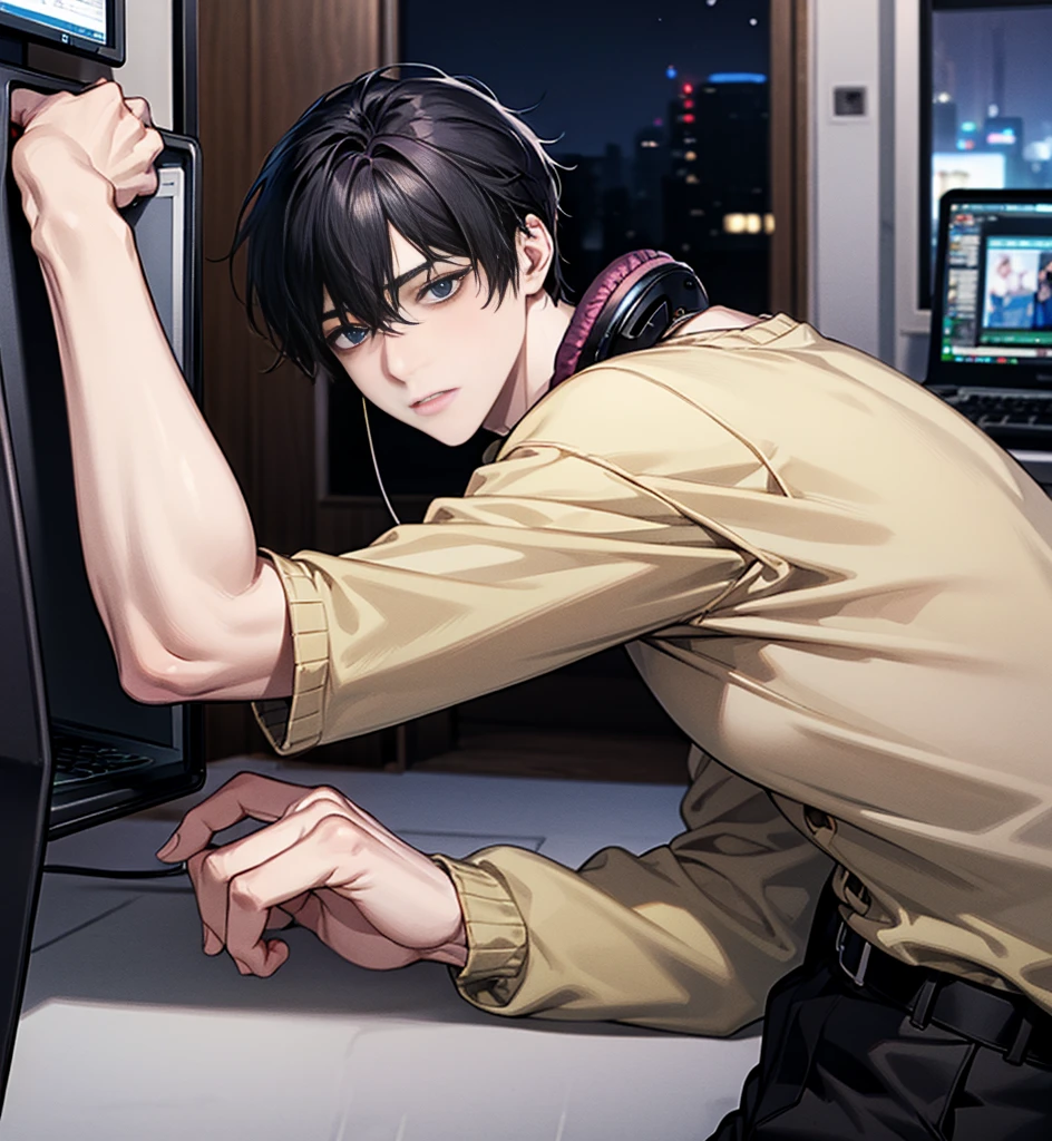 Male. Attractive zombie. Glowing gray eyes. Muscled. Brown hair. Short, spikey hairstyle. Dressed in casual attire.