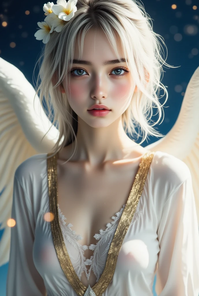 top quality, Masterpiece, ultra high resolution, ((Photorealistic: 1.4), Raw-Photo, 1 girl, brown wavy hair, Glossy leather, angel girl, (Ultra-realistic details)), Global Illumination, shadows, octane number, 8K, ultra sharp, big size, Open neckline, Latex bodysuit, Complex decorative details, Egyptian Parts, very complex parts, realistic light, CGSoation trend, Bright Green eyes, Green eyes, sparkling eyes, Facing the camera, neon details, Angel Halo, Blood Vessel, medium breasts, the clothes are a little holey and exposed parts of the body are visible, Evangelion, white angel wings and gray clothes, white glowing halo, small glowing LED flashlights (in the background is a dazzling landscape with pink cherry trees and mountains with a waterfall..), a large piece of breast is visible, no panties either, one of the greatest angels has just been reborn, Divine holiness is everywhere in the background