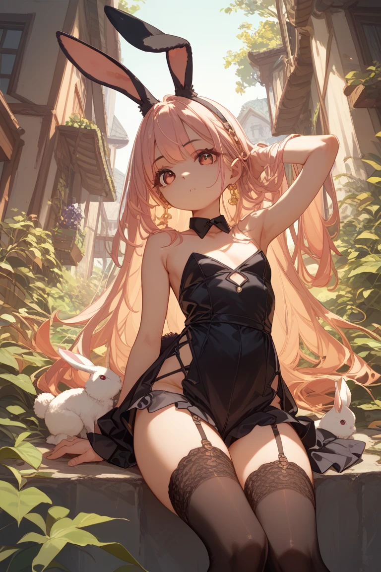 Garota de cabelos rosa e body preto estilo bunny girl
