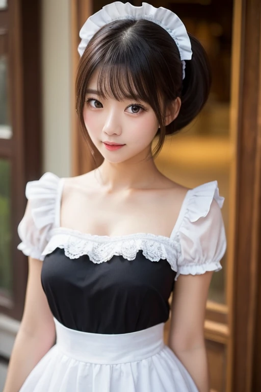 a gorgeous lady in a Bow Front Flounce Sleeve 2-in-1 Dress, standing under night sky, dimpled smile, short ponytail, in a natural pose, photorealistic, beautiful detailed eyes, ample round bosom, hyper-realism, high contrast, ultra HD, realistic skin textures, top image quality, top-quality, super high resolution, fine details, very meticulously, bokeh background