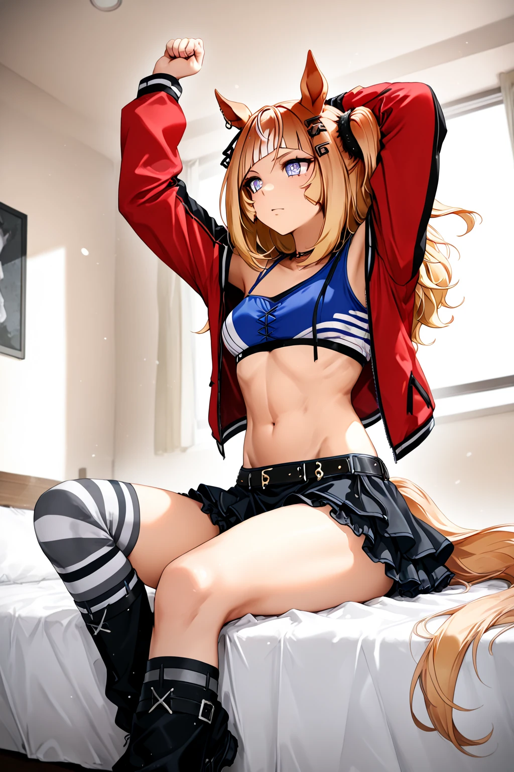 (((1 lolita girl))), when he plows, (Red eyes: 1.5), blond hair, (blond hair: 1.1), by the wide, conical bun, hair ornament, hair shots, He drowned, Stripe, blue bow tie, (tight red workout top and shorts, ((red tight top and shorts)), white thighs, white thigh highs), has, (muscular belly), well muscled abs, Wide hips, Thin waist, small breasts, (((sentada making a peace sign with both hands happy))), wearing black heels, (((making a peace sign with both hands))), {{sitting spreading her legs showing her pussy squeezed by the shorts}}, ((showing tight pussy by short)), {{{Full body photo}}}, smile, happy, with eyes closed, smiling at viewer with open mouth, REST looking at the viewer , breaking and entering, sitting on a bench in a gym, {sitting on a bench in the gym}, interval (masterpiece: 1.2), Best Quality, highest resolution, unity wallpaper 8k, (illustration: 0.8), (beautiful detailed eyes: 1.6), extremely detailed face, perfect lighting, Extremely detailed CG, (perfect anatomy), {anatomically correct}, {{perfect hands, (correct hands)}.