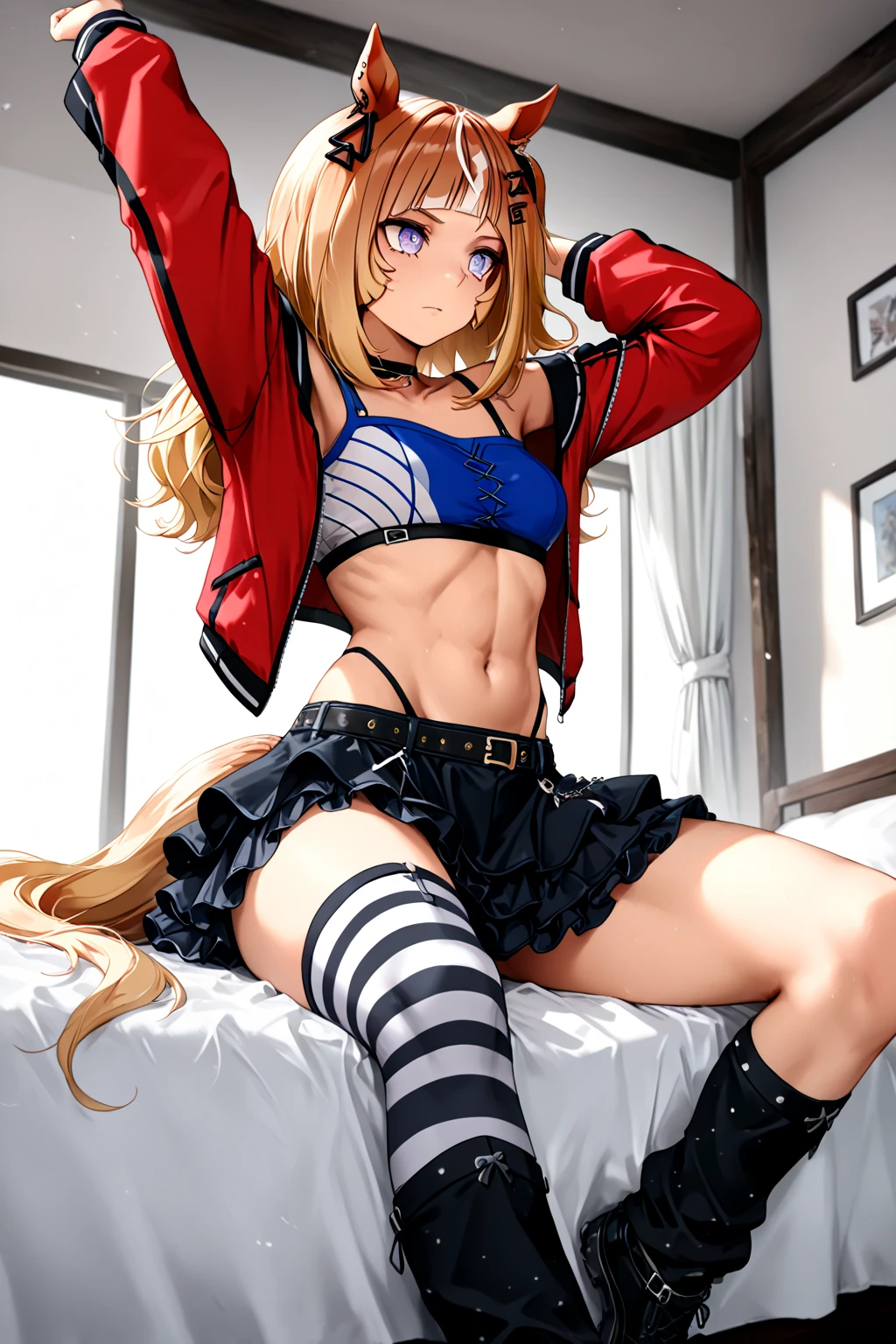 Shiny blond hair, very long hair, sophisticated haircut, ((((hair fully braided)))), ((small twisted braids)), thin and oval face, submissive, (((gagged))), ((((denim jacket)))), cute and blushing 18 years old anime girl, look away because she is embarrassed and blushes, bright blue eyes, detailed face, detailed members, detailed arms, detailed hands, ((((sparkling diamond jewelry)))), tiara, ((makeup)), high heels, puffy sleeves, long gloves, long eyelashes, Girl lying, tied by ropes, shackled, can no longer move, tied tightly, very hard tied up with lots of ropes, hampered by so many ropes that she can no longer move, bound hands and feet, ropes tie his whole body, tied extremely tightly and forcefully to her bed by a lot of ropes, its limbs are strongly tied together by ropes, his torso is tied up with thick cords, her chest is so tied up with ropes that it sticks out, her legs are tied tightly with thick ropes, his hands are tied behind his back with ropes, she can no longer move her feet, her hands which are tied by thick ropes, she desperately tries to free herself, likes to be tied tight with big ropes, likes to be immobilized by big ropes, lying down, his hands and feet are strongly tied to the railing of his bed, his legs are pressed together and tied with ropes, its limbs are held vigorously by imposing ropes, her hands are tied securely behind her back by ropes, her chest is compressed by strong ropes, she is pressed against her bed and restrained by large ropes (shibari, arms behind the back:1.4), (hands on the back), (masterpiece, best quality) 1.5, 1girl, solo, (sexy, beautiful woman, perfect face, perfect eyes, perfect hands), samus aran, (shibari, arms behind the back:1.4), (hands on the back), Spread the legs, s' ((lie in bed by big ropes)), ((close up of the girl)), ((((lie in bed)))), (((SFW:1.6)))