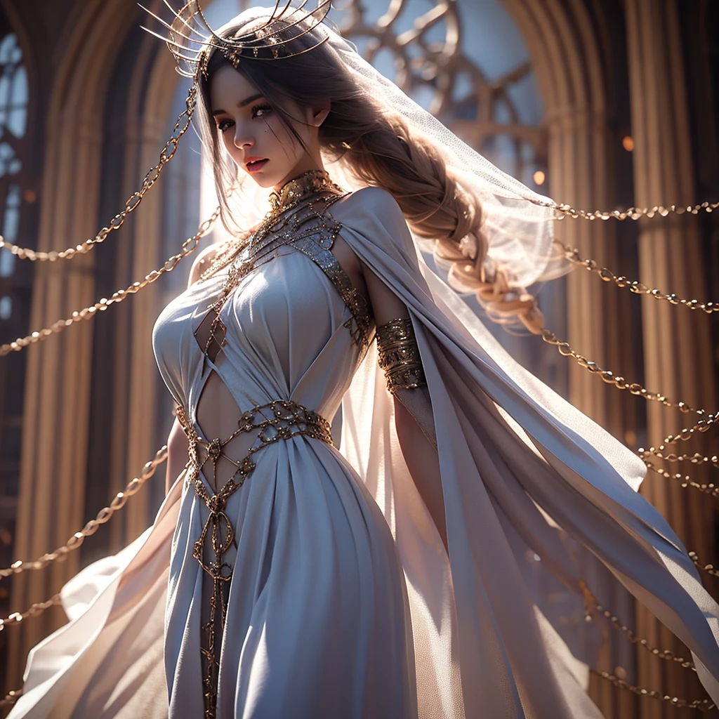 Arad woman in white dress, holding sword and shield, beautiful and elegant elf queen, beautiful and elegant female elf, stunning young ethereal body, ethereal fantasy, very beautiful elf top model, elegant movie fantasy art, beautiful elf with gorgeous robes, movie goddess shot, movie goddess body shot, seductive elf princess knight, elegant movie pose, eyes closed, mouth closed, (super big breast: 1.5), cleavage, (tall figure), (delicate face), (flying long hair),