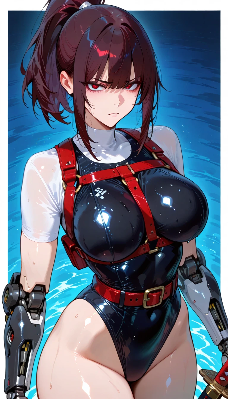 Komi Shuuko,Slim figure,having fun,Mesh garment,Chest open,Tattooed with,Exposing the abdomen,Cocked buttocks,Fleshy thighs,Carrying a bazooka on his back,Masterpiece,Brilliant sunshine,Ocean Garden,Suspender stockings,Above the sky,Comic cover style,Comic title,tmasterpiece, High- sharpness, high high quality, 详细的脸, detailed body render, 1girll, 独奏, Fishing net clothing, Dark lips, no brassiere, breasts out,
