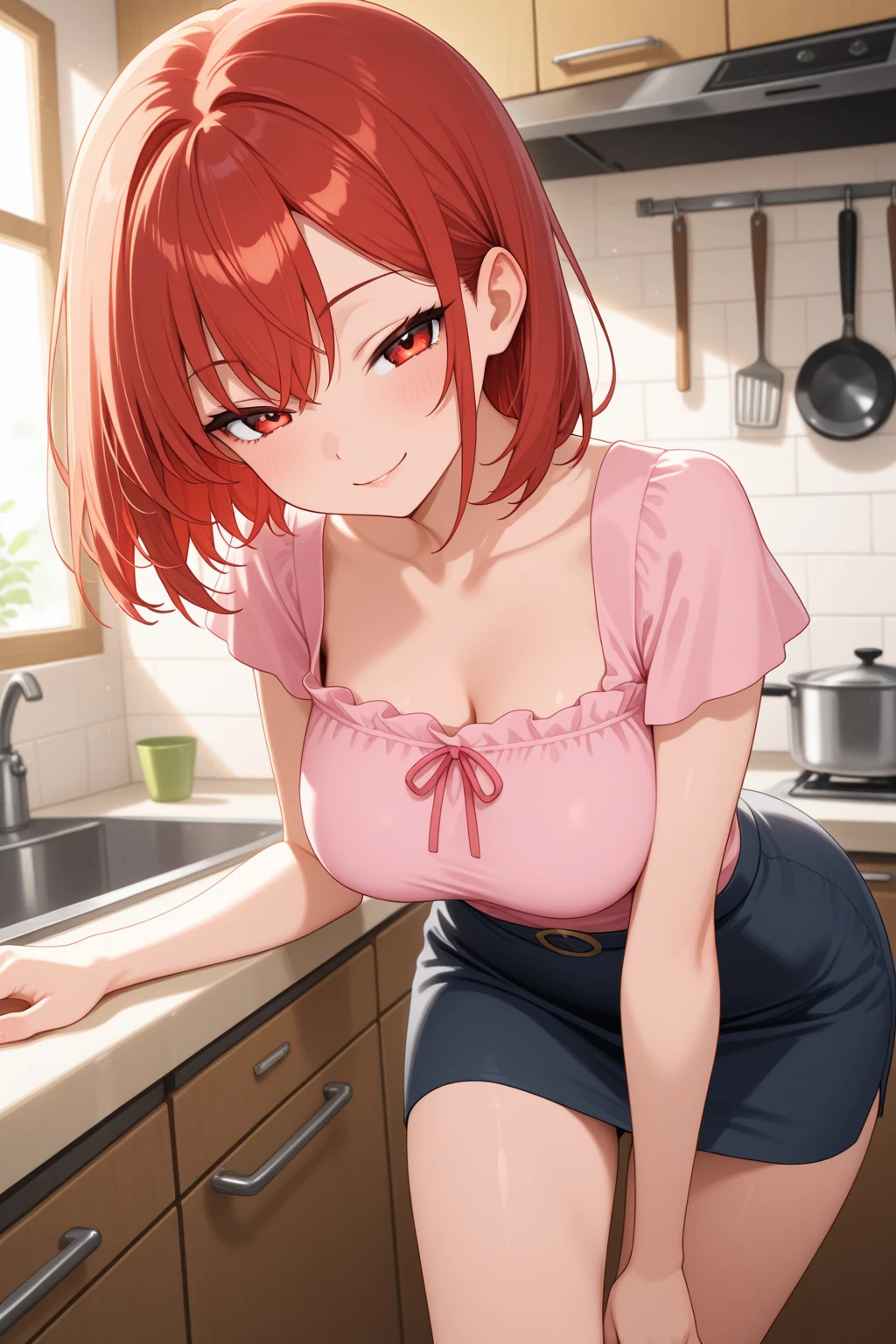 anime、woman、40歳woman、Mother of one 、Parent and 、Big Breasts、Cleavage、Red cheeks、Uplifting、Adult、sexy、ponytail、Light pink babydoll camisole、Panties、No bra、Sweating profusely、Staring at the audience、Engage your audience、Embarrassing、smile、kitchen、kitchen