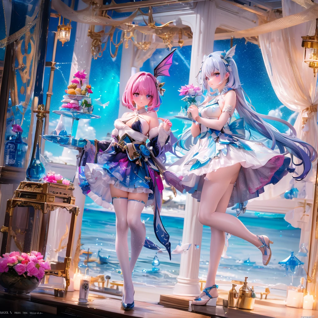 <lora:RealisticAnimeEuryaleXSthenoIn1PicFate_v10:1>,masterpiece, best quality,multiple girls, siblings, 2girls, sandals, dress, stheno (fate), panties, underwear, open mouth, breasts, ass, smile, white dress, sitting, see-through, white panties, looking at viewer,(kbxll:0.6),
