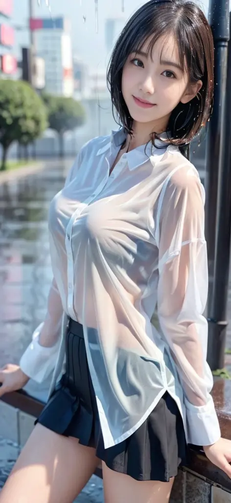 (tall woman with slender figure), (she stands in the garden in rainy weather), ((dark red very long hair)), (small head), ((detailed realistic face and eyes)), cinematic lighting, 8K resolution, ((long white shirt)), ((very wet shirt)), ((wet hair)), (she plucks at shirt), (transparent shirt), nipples can be seen.