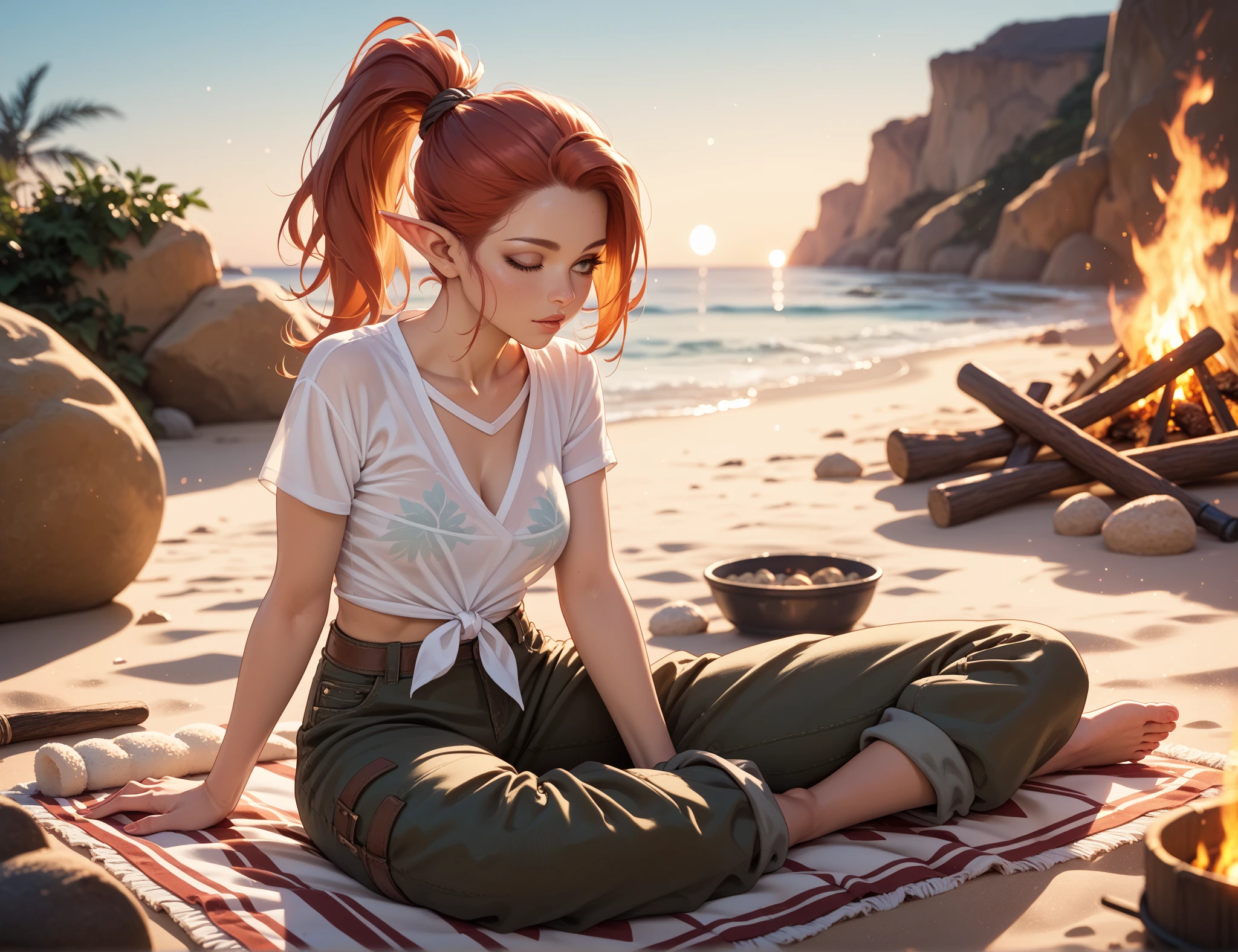 masterpiece, best quality, shiek, red hair, orange eyes, hair in bun, desert robes, revealing tan desert skirt, barefeet, sitting, from side, zelda