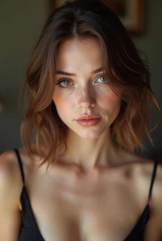 Belle fille russe, 21 ans, cheveux courts , européen, rougir, photo du haut du corps, belle poitrine, regard aguicheur ,yeux clairs, photographie inédite, visage féminin, naturel, sexy, fatigué, style simple, , peau tachée, peau pâle, la peau grasse, imperfections, anatomie correcte, lumière du jour, Illumination globale, décor de salon, Texture de peau très détaillée, visage de mannequin, grosses lèvres, pulpeuse, rousse