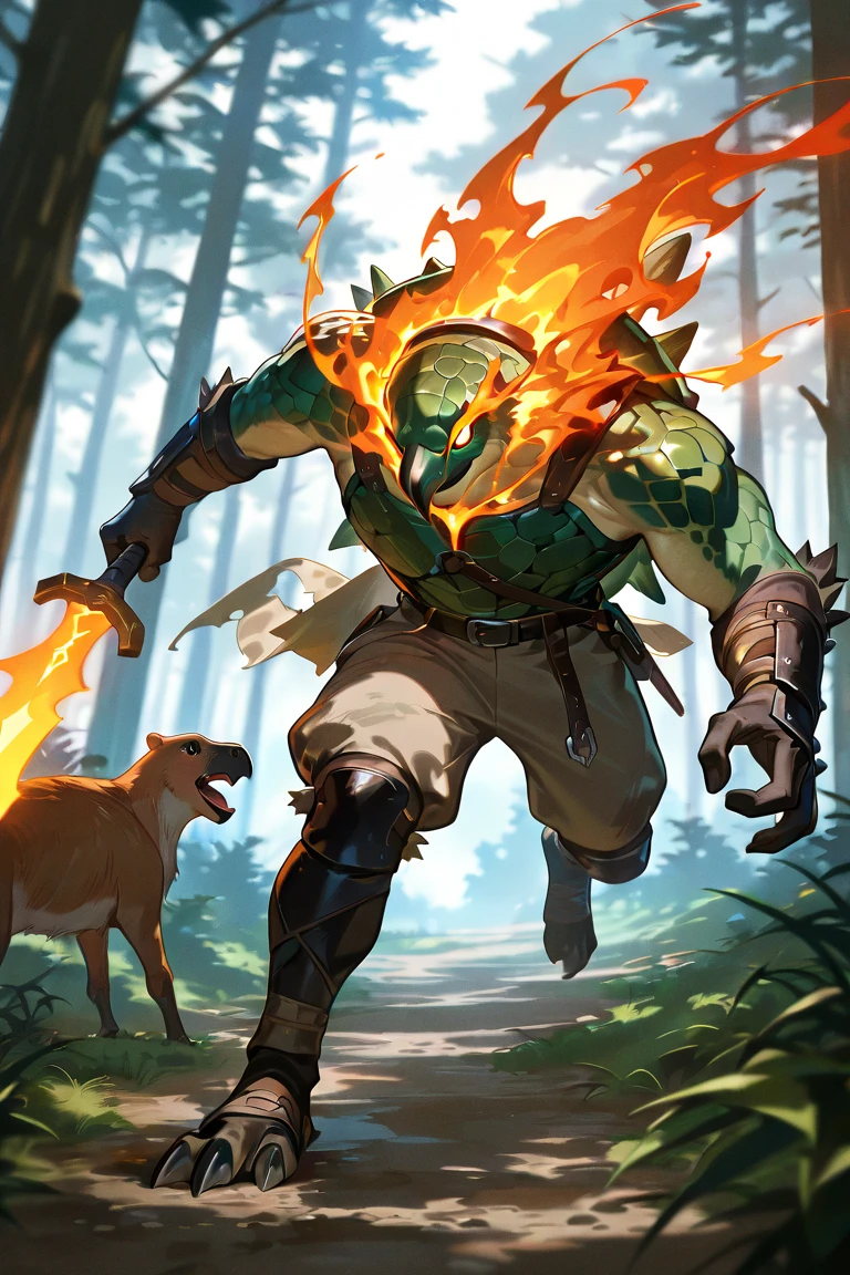 (((by Kenket, by Kilinah))), a running ((Kobold)), (detailed Kobold)) wearing a long cloak, muscular abs, Kobold black horns, Kobold tail, messy white hair, (orange thigh highs), ((black micro-thong:fire pattern design on thong)), shirtless, front view, looking at the observer with an embarrassed smile, blush, , perspective, finely detailed paws, punk style, adventure backpack,