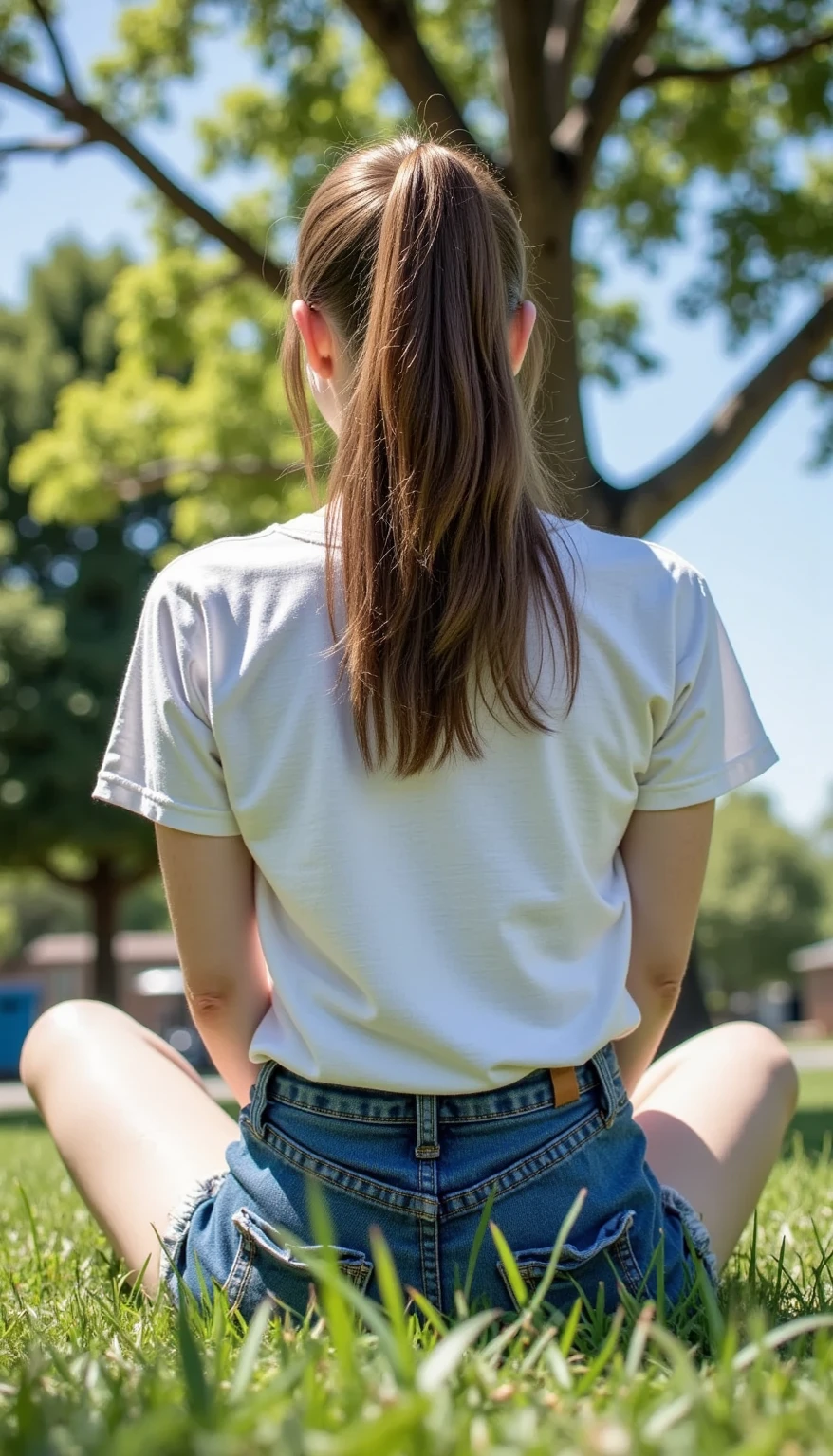 (Realistic、Like a photograph、Live Action、8K, Realistic, RAW Photos, Best image quality: 1.4), Single-lens reflex camera、RAW Photos, Highest quality, Realistic, Highly detailed CG Unity 8k wallpaper, Written boundary depth, Cinematic Light, Lens flare, Ray Tracing, Realistic background、(Girl sitting on the grass:1.5、Girl looking back with a smile:1.4)、((Long skirt、p-line、Panty lines are visible、Tight ass)、White T-shirt:1.37、Tight-fitting t-shirt、Tight waist)、Rear view