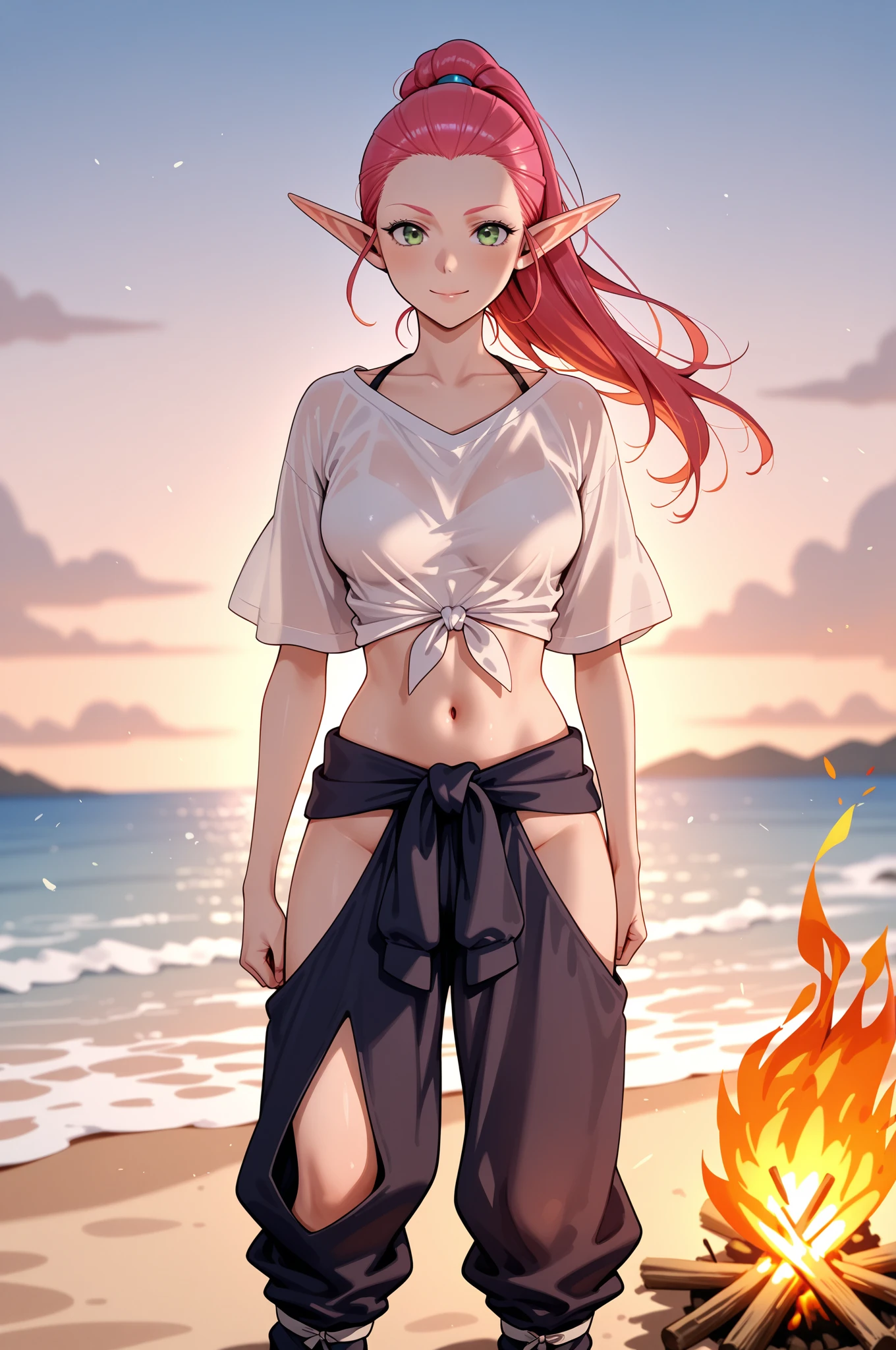 (high quality,Very detailed:1.37, High resolution), Woman, Erza, red hair, navel, flame pants, collarbone, bare shoulders, cleavage, hair over one eye, large breasts, long hair, bandages, chest sarashi, white ribbon, beach, full body, looking at viewer, brown eyes, ponytail, masterpiece, best quality, (wetting herself:1.5), embarrassed, humiliation, sweating, blushing