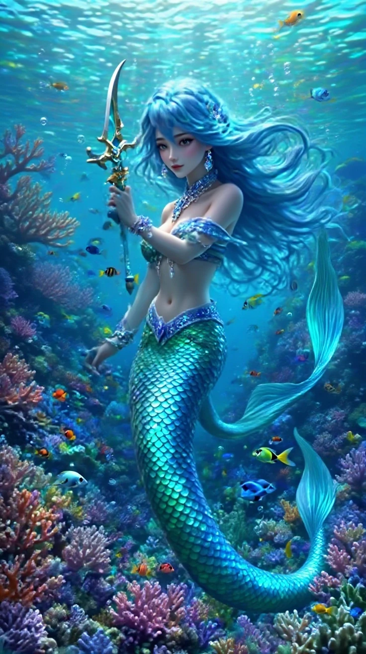 Blue haired beautiful girl with calm blue ocean eyes wearing her majestic mermaid form with her crown made with pearls and corals, swimming at the sea.