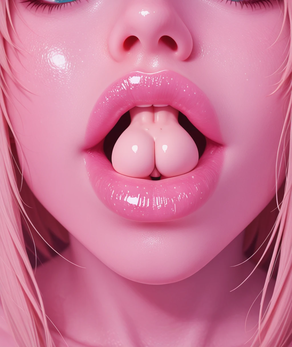 (best quality, 8k, highres, photorealistic:2.0), (solo, one girl:2.0),(lighting: front),(lighting: strong),(Russian Beauty:2.0),(shiny skin:1.5),(oily skin:1.5),(platinum pink hair:1.5),Blush brown makeup , dark eye makeup , use pink glossy lipstick,(big eyes girl:1.5),(emphasize cleavage),(shoulder strapless tiny micro bikini top),((big breasts)),(girl screaming loudly:1.5),(Drooling and sucking gesture:1.3),(fist under mouth),(drool),(look at the viewer:1.6),((amazing orgasm:1.7))