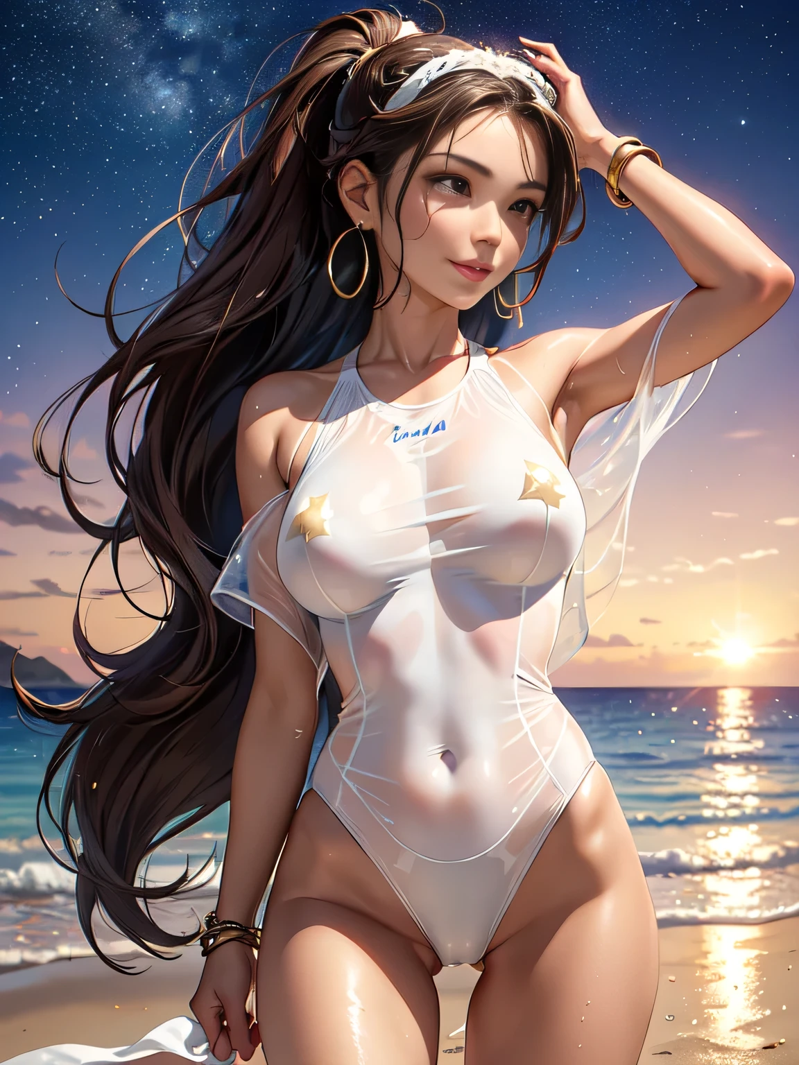 #Basics A girl is posing for a photo, animeのかわいい女の子, (((One Girl, Baby Face, Young girl, 16 years old))),
BREAK
#Clothing Accessories
((Shiny white one piece swimsuit, wet with seawater)),
BREAK
#Features
(Black Hair), (Chest-length sideburns), (Long Hair : Very long hair + Full and wavy hair + Hair blowing in the wind),
(Droopy eyes, blue eyes), (Small breasts),
BREAK
#background environment
((noon, Sunshine, Tropical Beach, blue sky)),
#Facial Expression Pose
((smiling), (Splashing and playing in shallow water)),
#composition
((Face the camera, Angle from below, Cowboy Shot)),
BREAK
#Body parts elements
(Detailed hair, Beautiful Hair, Shiny Hair),
(double eyelid, Long eyelashes),
(Expression of fine eyes, Beautiful and delicate eyes, Sparkling eyes, Eye Reflexes, Glitter Eyeliner),
(Human Ear),
(Beautiful Nose, Thin Nose),
(Glossy lips, Beautiful Lips, Thick lips, Glossy Lips, Natural Cheeks),
(Detailed face, Symmetrical facial features),
(Detailed skin, Textured skin, Beautiful Skin, Shiny skin),
BREAK
#Quality
(((Highest quality)), ((masterpiece)), ((Very detailed))), ((High resolution), (16K,1080P)),
(Realistic), (Anatomically correct),
((comics, anime)), (3DCG), CG illustration,