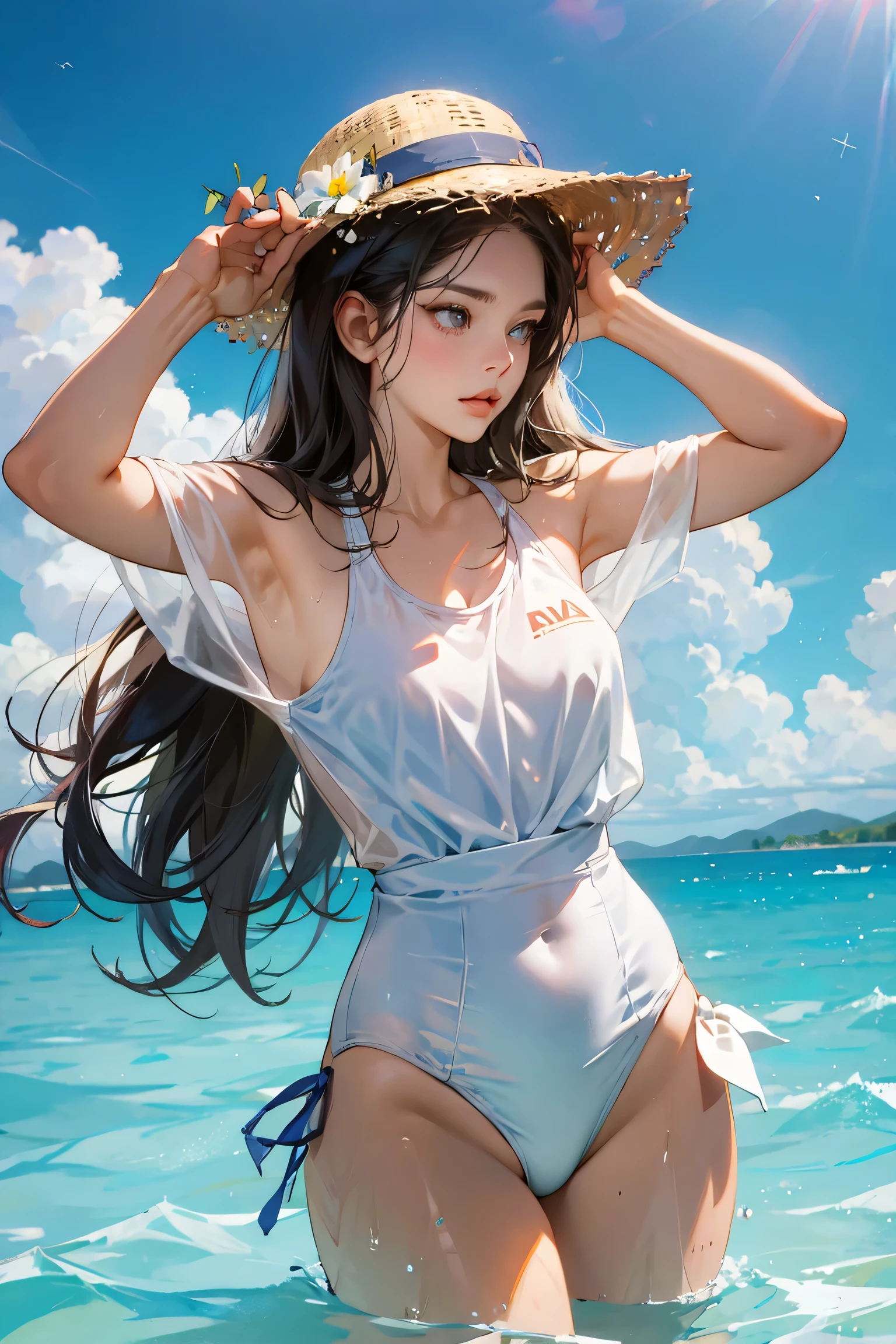 Dynamic posing, dynamic angle, Arrange pose,Top quality work，Show Legs，sexy, (( long black hair),((light blue eyes)), freckles, (sexy) , Rose cheeks, Pretty cute Face, A perfectly proportioned face，full-body view， amazing,large round chest、Beautiful eye details、Beautiful eyelashes、beautiful double eyelid, with blush cheeks,  swimsuit