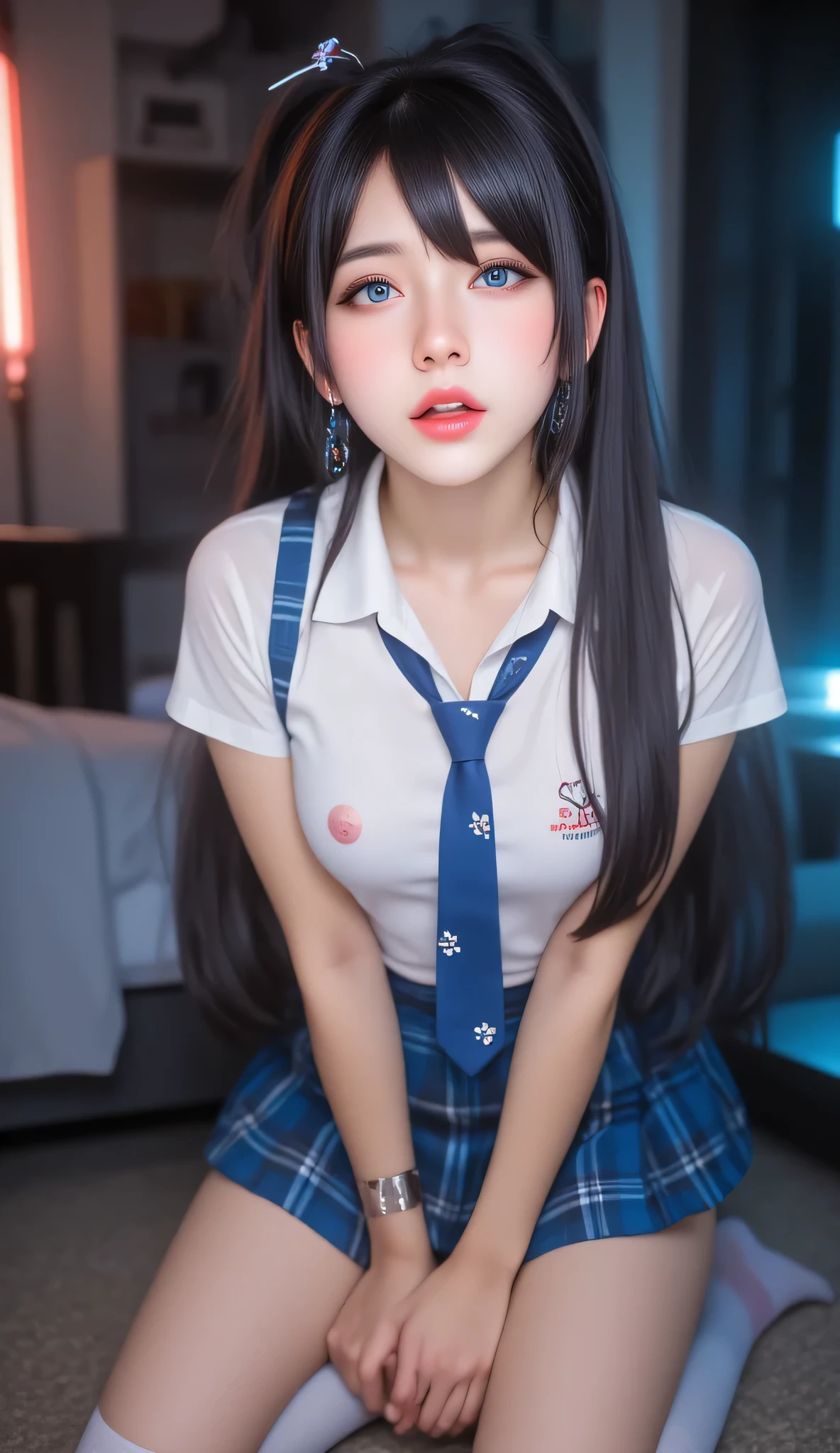 (((Bunny girl:1.75)))、(((Sexy knee-highs:1.35)))、((((Emphasizes the sexy crotch:1.35)))、((((Spread your legs wide、Touching the thigh、Showing off your crotch、Thin pubic hair sticking out、large pointy breasts))))、((Boyfriend and girlfriend having sex in missionary position:1.5))、((Sexual pose:1.5))、((Spread legs POV:1.5))、、Browsing Caution、(Humans are biologically correct、references) 、 lose extra limbsslim limbsextra numbersmutated hands and finger fusionfingersslim bad handslong necklong body anatomybad deformationbad deformation no extra breasts、Not Futanari、One person, (short-sleeved JK_shirt),JK_style,(dark blue JK_skirt) ,(bow JK_tie), Brown eyes ,face,