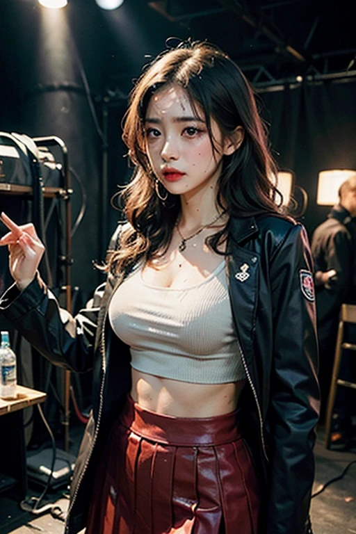 top-quality, masterpiece, (detailed: 1.4), 3D, Beautiful Cyberpunk Woman, delicate face, bob cuts, (torn cargo pants), yellow crop top, (red aviator leather jacket), perfectly proportioned、8K blue eyes, long hair, big tits, standing in a busy cyberpunk street, night view, water dripping from above