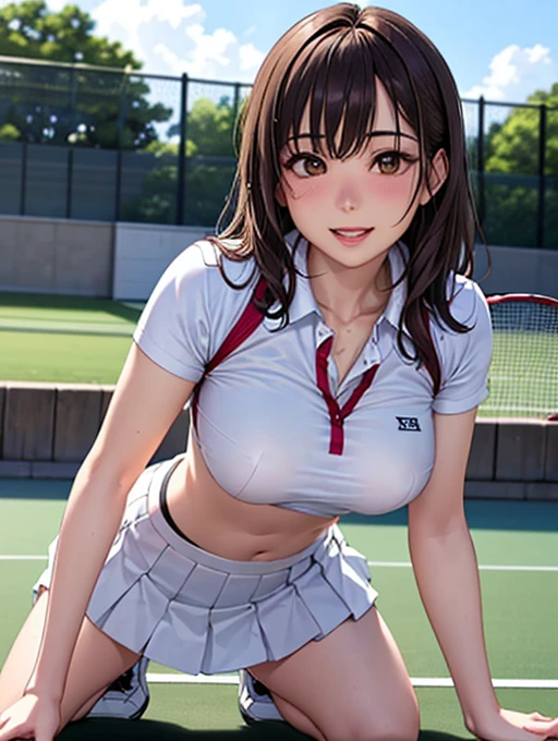 pieces fly、masterpiece、highest quality、Super detailed、High resolution、High resolution、8K portrait、Unity 8k壁紙のHigh resolutionCG、unity 8k wallpaper、cute type little:1.5、:1.5、Highly detailed CG unity 8k wallpaper、realistic、real person、cute type little、 portrait photography、shiny skin、High resolution、(16 years old:1.2)、(1 girl)、beautiful clear eyes、very detailed explanation、delicate face、nice lips、slender body、Same with big breasts thin waist、thin legs、(Tennis court :1.6)、1 girl, cute type, perfect face, seriously, (blush:1.5),((There are a lot of people nearby:1.4))Same with big breasts,((tennis wear:1.3)),(((clothing lift:1.5))), (((I have nipples)))、Detailed description vagina,show vagina,spread legs,spread ,((cum in vaginas:1.4))、(kneel down)