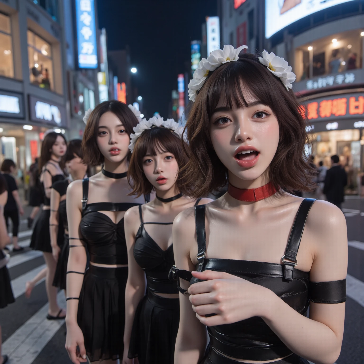 Three attractive Japanese women, 2, dressed elegantly in high-necked black bunny girl costumes at a casino、Her hair is light brown and tied in a ponytail, with a rabbit ear ornament on top of her head.、The photo shows her with a small chest and a calm expression.、It shows her inner peace and outer charm.。Gentle smile。