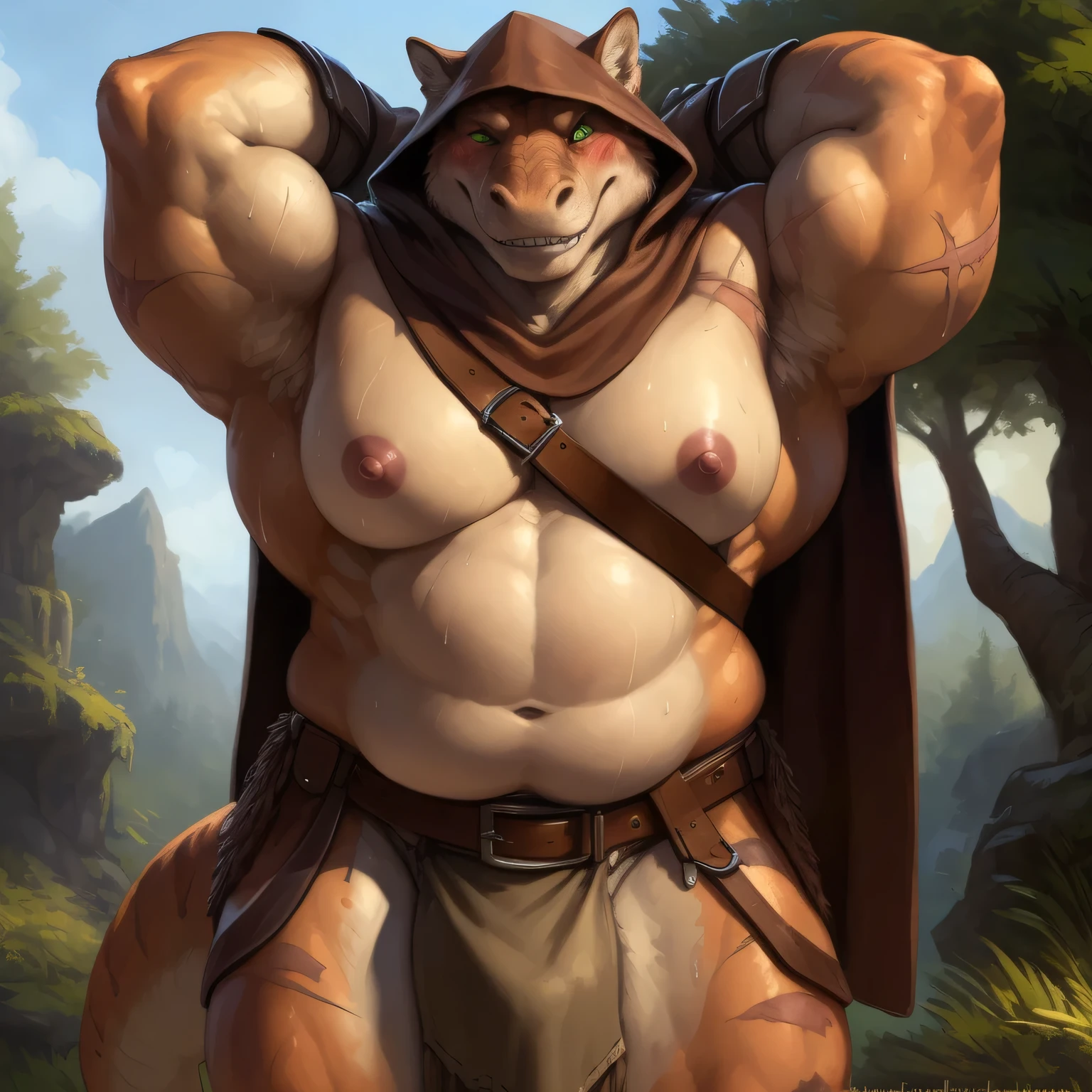Solo, male, standing, forest, by chunie, by bebebebebe, by spuydjeks, by darkgem, by zackary911, muscular, equine, white horse, blonde hair, blue eyes, smirking, lifting tunic, exposing penis, (((equine penis)), tan tunic, black cloak, hood