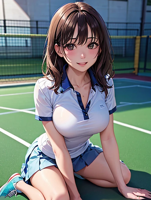 best quality,ultra-detailed,high resolution,extremely detailed CG,perfect anatomy,detailed,cinematic lighting,beautiful detailed eyes,ultra high res,(1girl),18years old,gleaming skin,oil skin,sweat,humid,trembling,strong light coming in,spot lighting,bright,revealing,nose blush,nsfw,(slut:1.2),(steam:1.1),(wet:0.8),(trembling:0.8) ,(drooling:0.6),(sweat:0.8),(nsfw:1.2),(Tennis uniform:1.2),(Young:1.2),Japanese,(Tennis court:1.2),large breasts,(Random Hairstyles:1.2),Bold Pose,(full body:1.2),skirt,(Sheer tops:1.5),Shyness,(lure:1.5),(Smile:1.3),Close your mouth