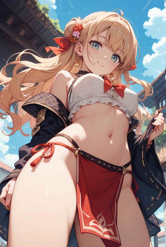 Anime illustration、High resolution、smile、A busty, chubby dancer spreads her legs and dances in an Arabian palace late at night、Oriental dance costume、Harem pants、pip scarf、Ereshkigal、Perfect proportions、Cowboy Shot、Sharp Eyes、Sweaty