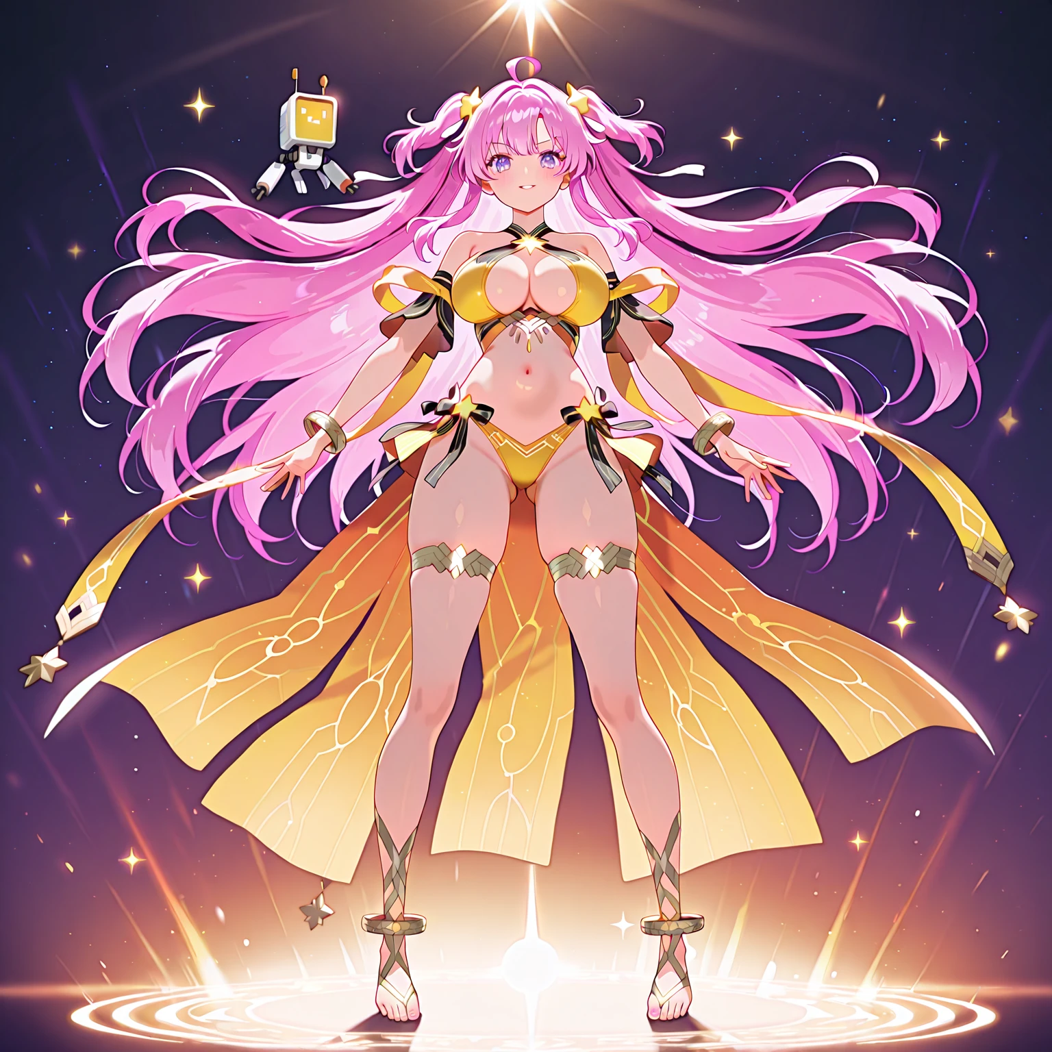 "Create a beautiful illustration of the goddess Luxia, who governs indulgence and temptation. She wears a robe adorned with gold and jewels, has long golden hair, and possesses golden eyes imbued with knowledge and allure. Please include the elegant staff she holds and intricately designed gemstone rings on her fingers."