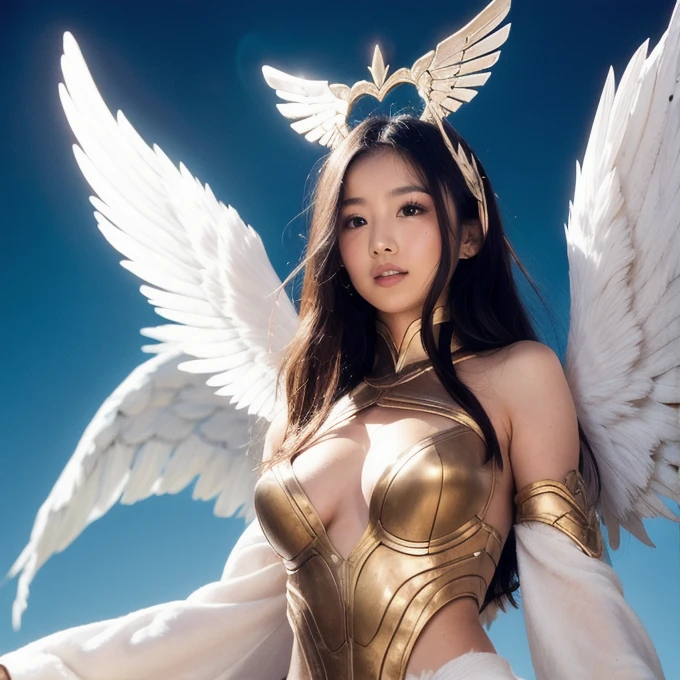 (masutepiece), Professional , masterpiece、top-quality、photos realistic , depth of fields (Gemstone Silver Metal Body:1.9),(Matte White、(Gangle's forest background),(Brown hair long straight)、Jewel Gold Weapon、(Castle background),Gorgeous metal weapons,(Detailed and realistic angel white wings) , Detailed Sword of the Brave , Beautiful knife 、delicated face、20 years girl ,warhammer 40k , adepta sororitas,Detail and ornate jewel crown、a blond、(Gangle's forest background)、Beautiful Caucasian beauty、1a person、dynamic ungle,(((Detailed and ornate diamond crown)))、Smaller head、A smile、Powerful poses、Beautiful thin fingers of a woman、cleavage of the breast、