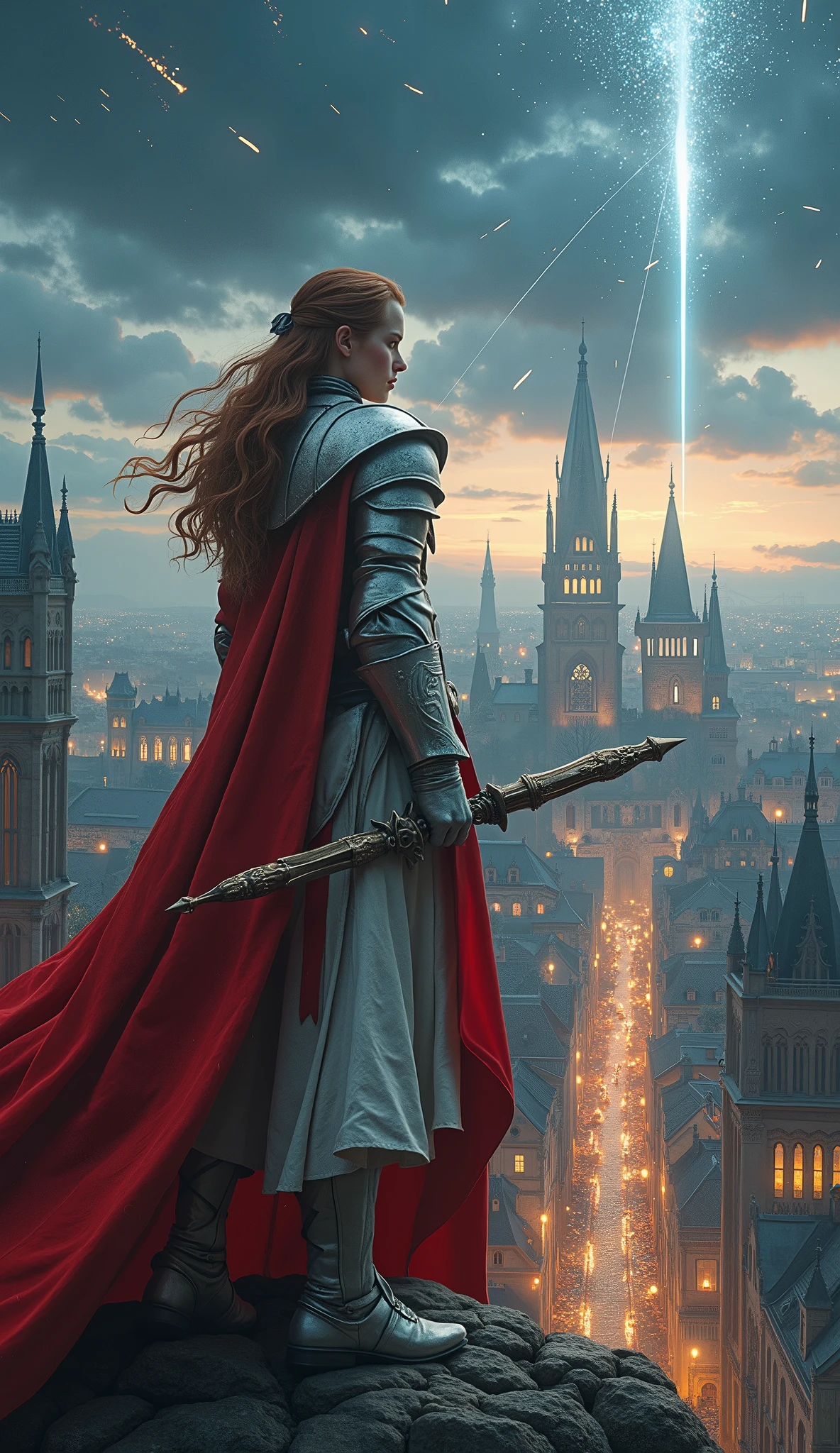 (Representative works、4K resolution、Super Real、very detailed)、(『Knight of the Constellation』theme、Charisma、中世ヨーロッパのcityscapeを見下す、The Girl at the Top of the City、Sagittarius knight in white armor and red costume looking down on medieval European streetscapes、She's a Superhuman Hero)、(20 years old)、(Long Chestnut Hair:1.2)、full body、(Knight Costume)、( battle pose)、 Shoot Her Powers )、(( European Urban Environment :0.8)|(cityscape、 night view、 DYNAMIC LIGHT )、(Meteor Shower))